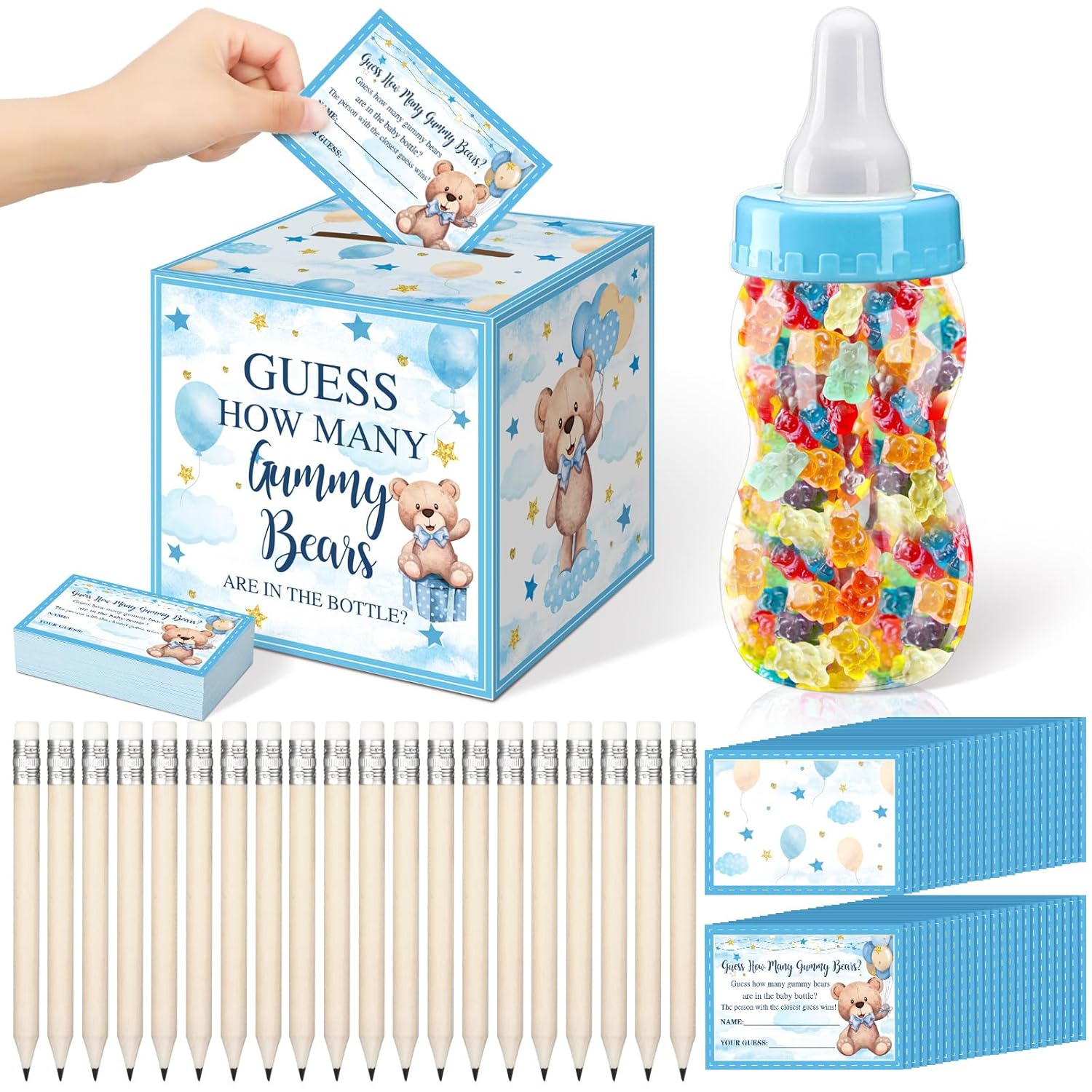 82 Pcs Blue Baby Shower Games Guess How Many Bears Include 1 Guessing Box 1 Large Baby Bottle 60 Cards 20 Pencils For Favors Games Gender Reveal