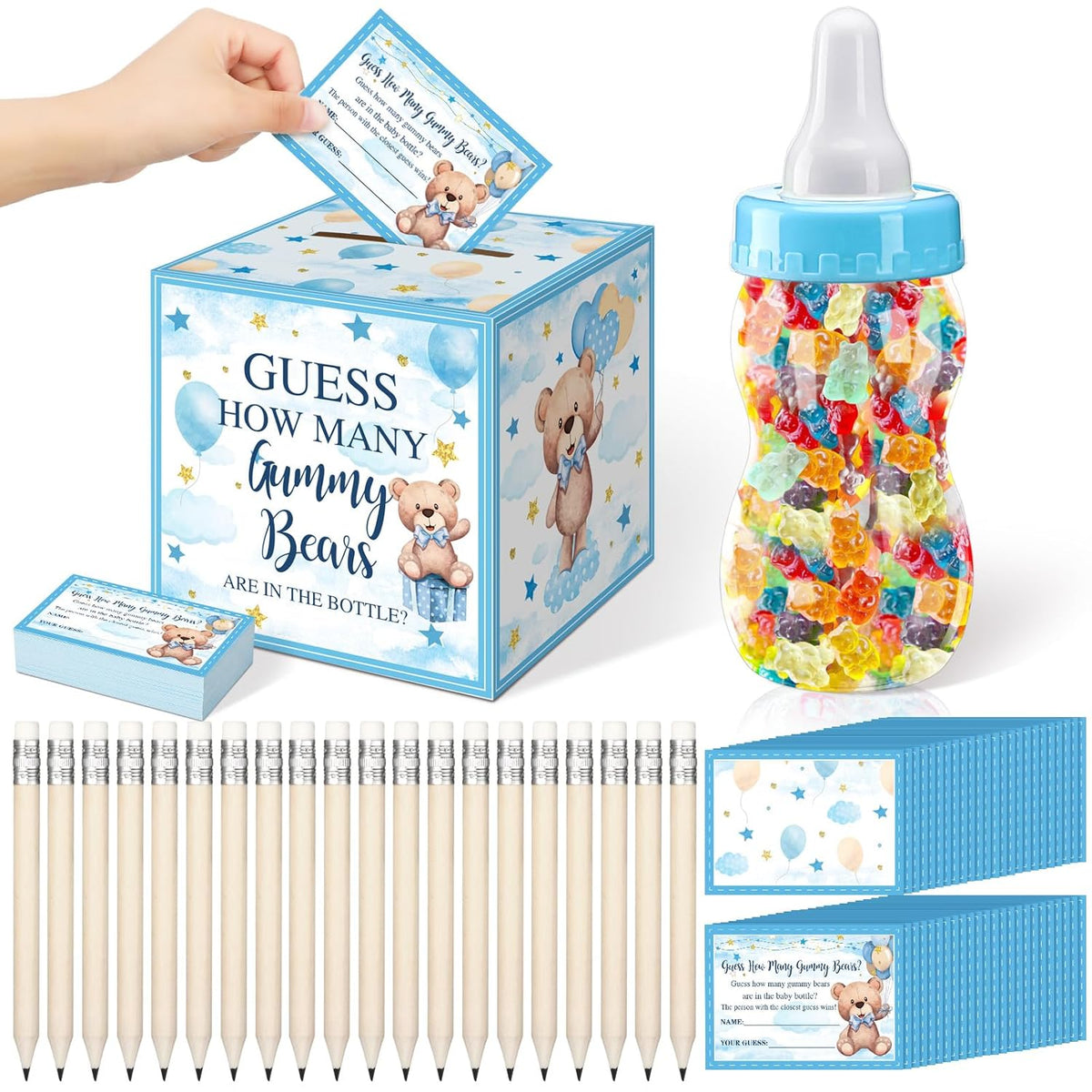 82 Pcs Blue Baby Shower Games Guess How Many Bears Include 1 Guessing Box 1 Large Baby Bottle 60 Cards 20 Pencils For Favors Games Gender Reveal