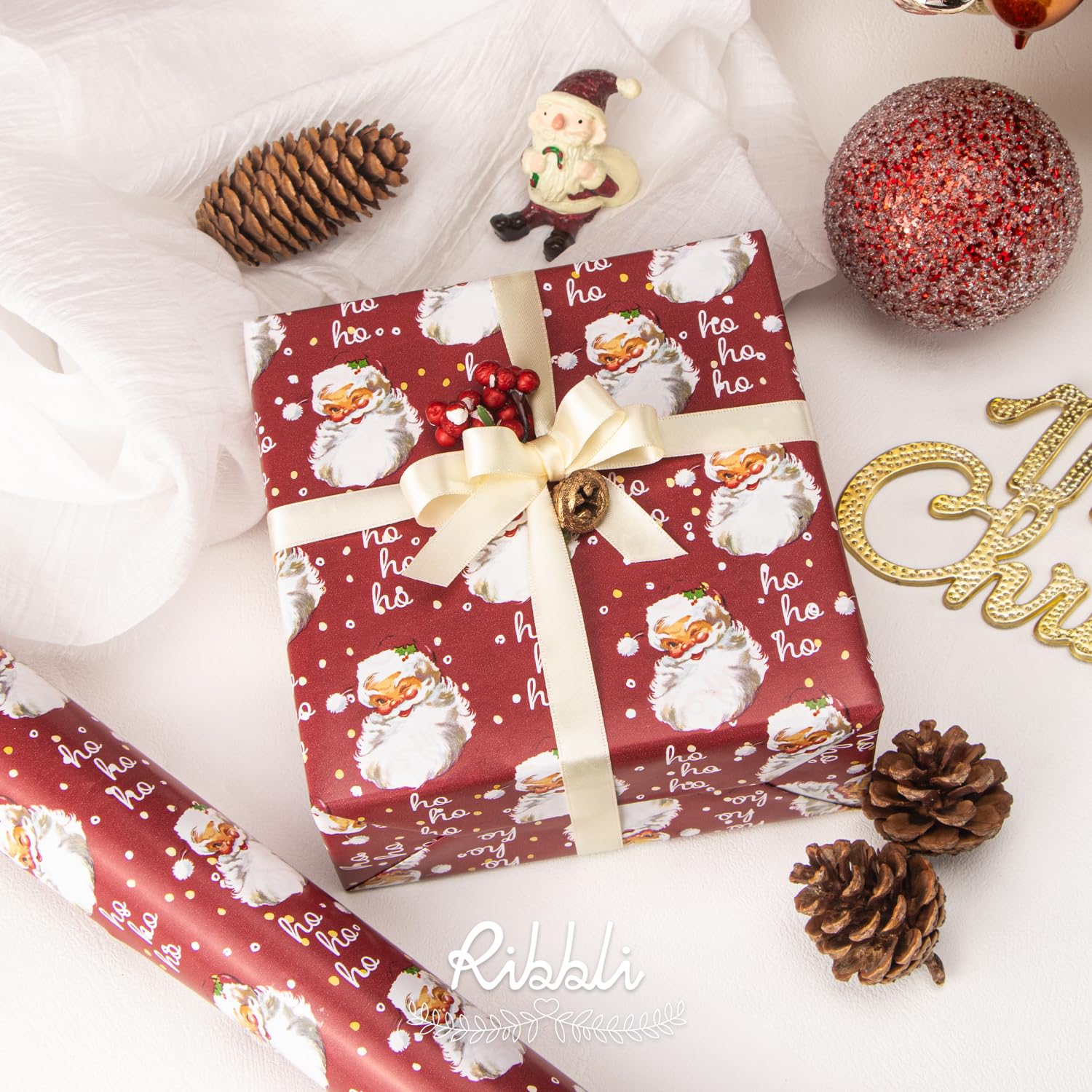 Christmas Wrapping Paper Reversible Vintage Santa And Merry Christmas Red White Gift Wrapping Paper Rolls-17 Inch X 33 Feet