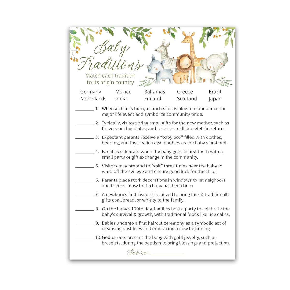 Safari Animals Baby Shower Games — Baby Traditions Around The World Game — Pack Of 25, Country Jungle Theme Shower Games, Welcome To The Wild Gender Neutral, Fun Facts Baby Shower Activity G550-Btw