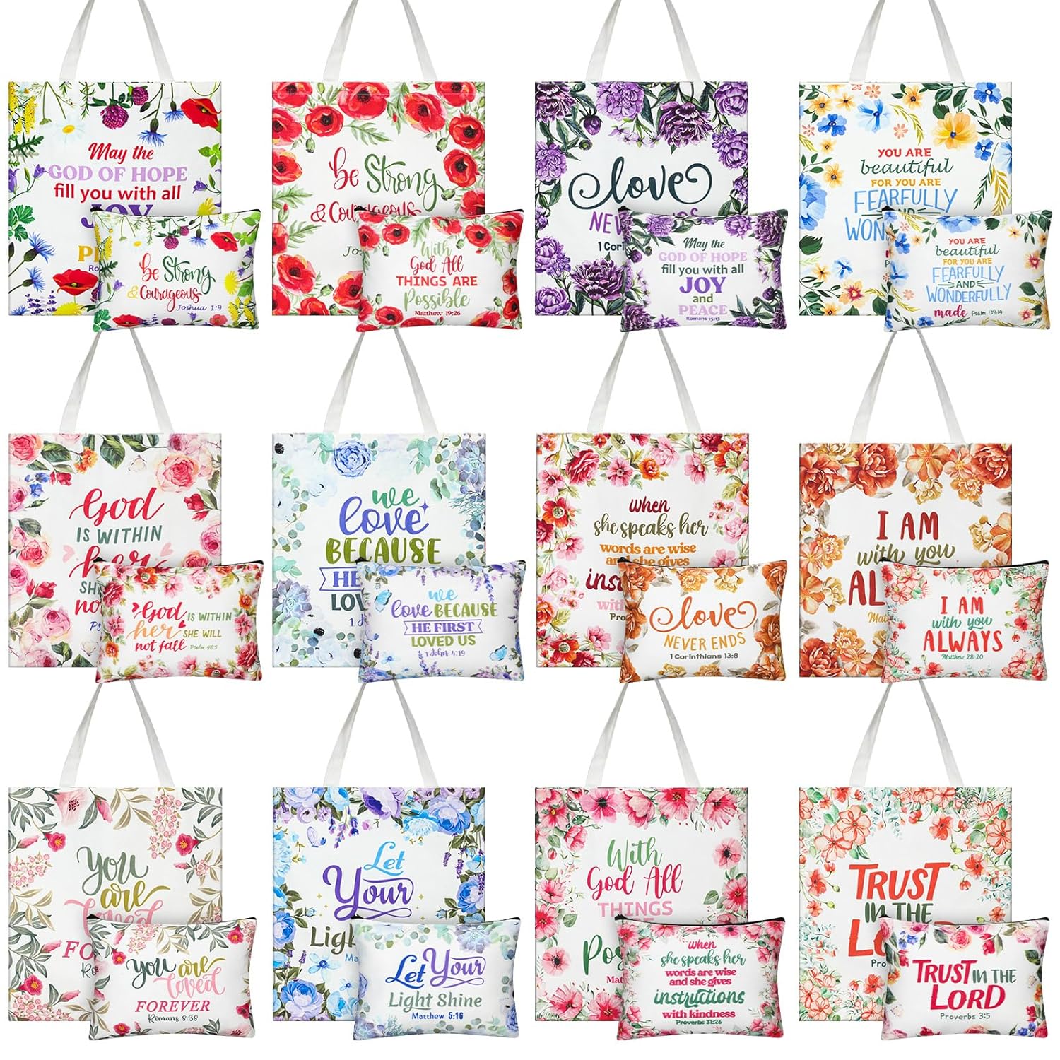 24 Pcs Christian Gifts For Women Bible Verse Makeup Bags Religious Reusable Tote Bags Employee Appreciation Gift Inspirational Canvas Tote Bulk Gifts For Friends Coworker Christmas