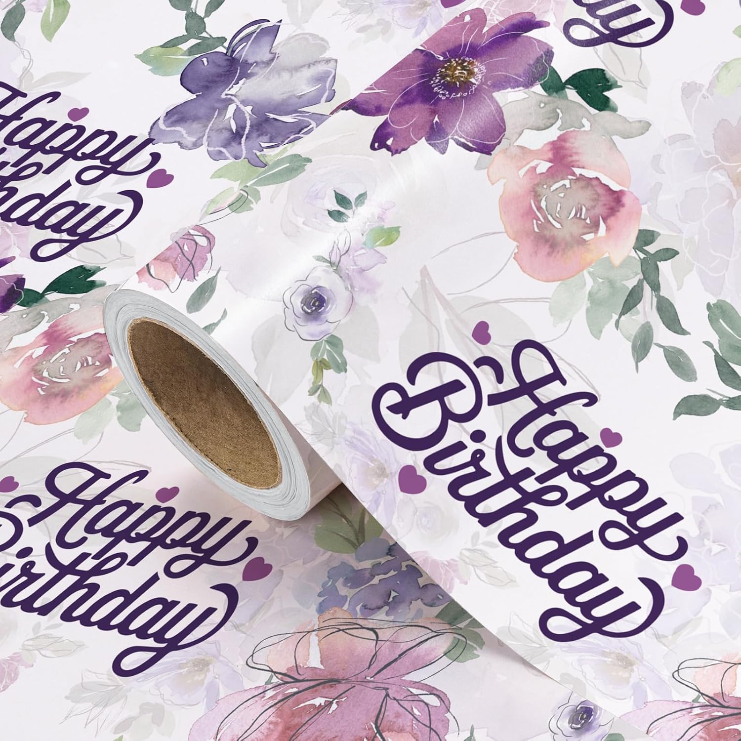 Birthday Wrapping Paper Roll - Mini Roll - 17 Inch X 16.5 Feet - Happy Birthday With Purple Flower Wrapping Paper For Girls Women, Baby Shower, Wedding