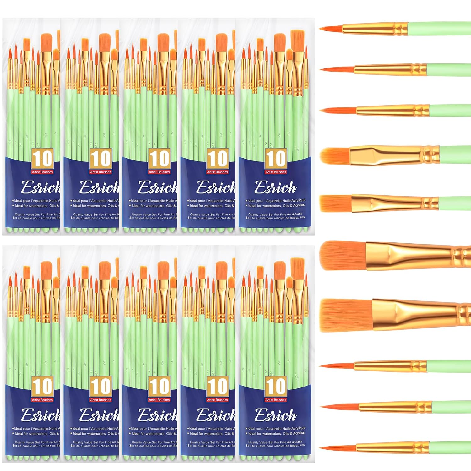 Paint Brushes Set,10 Packs 100 Pcs Acrylic Paint Brush Set,Acrylic Oil Watercolor, Face Nail Art, Miniature Detailing,Rock Painting,Painting Artist Professional Kits(Green)