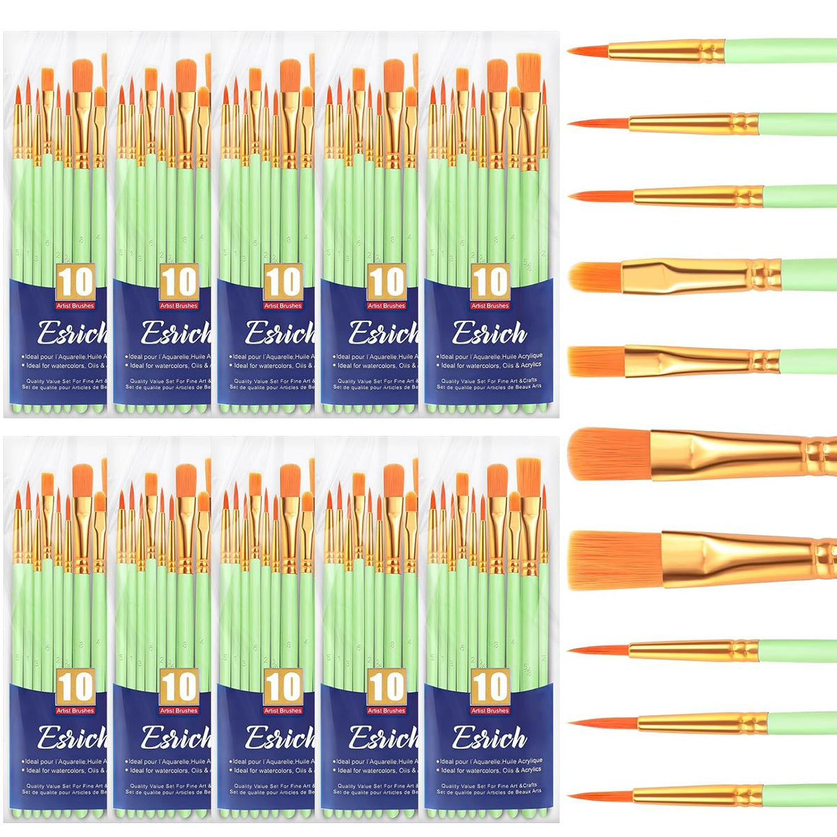 Paint Brushes Set,10 Packs 100 Pcs Acrylic Paint Brush Set,Acrylic Oil Watercolor, Face Nail Art, Miniature Detailing,Rock Painting,Painting Artist Professional Kits(Green)