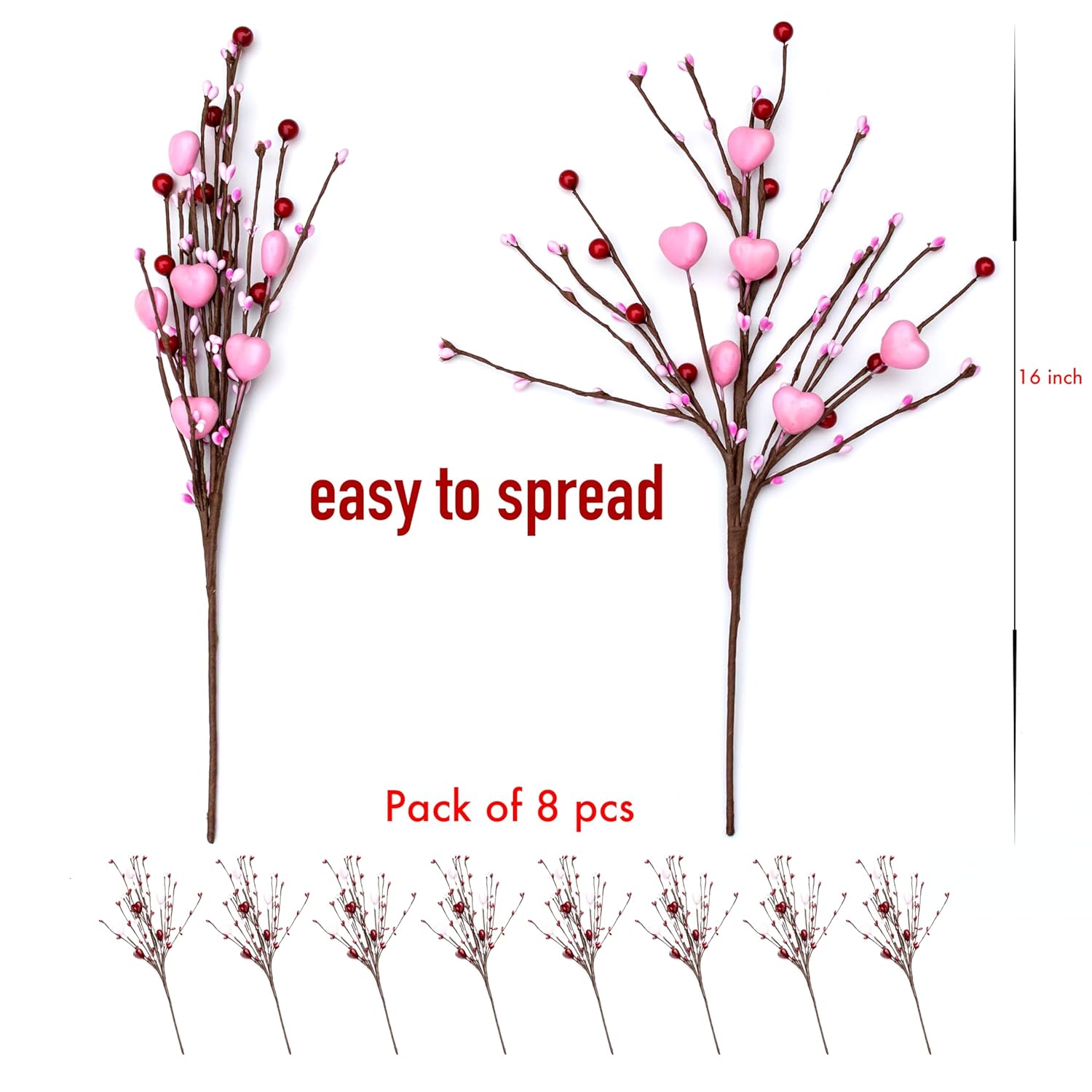 Valentines Day Decorations Floral Picks Stems - 8Pcs,16 Inch Artificial Pink Berry Heart Shaped Branches Gift For Wedding Home Vase Decor (Pink)