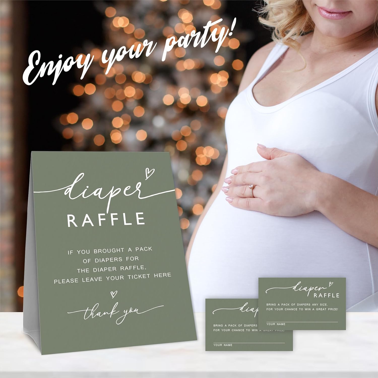 Baby Shower Diaper Raffle Game Kit, 50 Pieces Dark Green Tickets & 1 Standing Sign, Decoration For Baby Shower, Gender Reveal, Baby Announcement, Party Favor & Decorations - A08