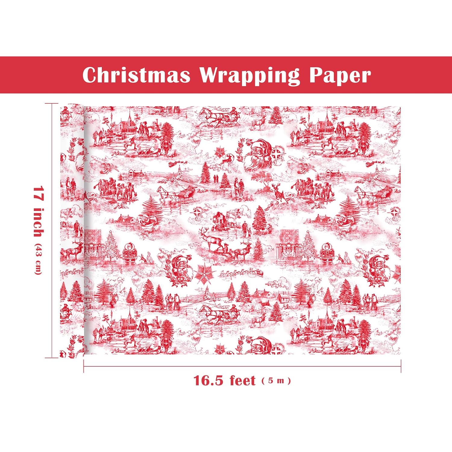 Toile Vintage Christmas Wrapping Paper - Mini Roll - 17 Inch X 16.5 Feet - Santa Toile De Jouy Red Christmas Wrapping Paper For Xmas Holiday, Party Celebration