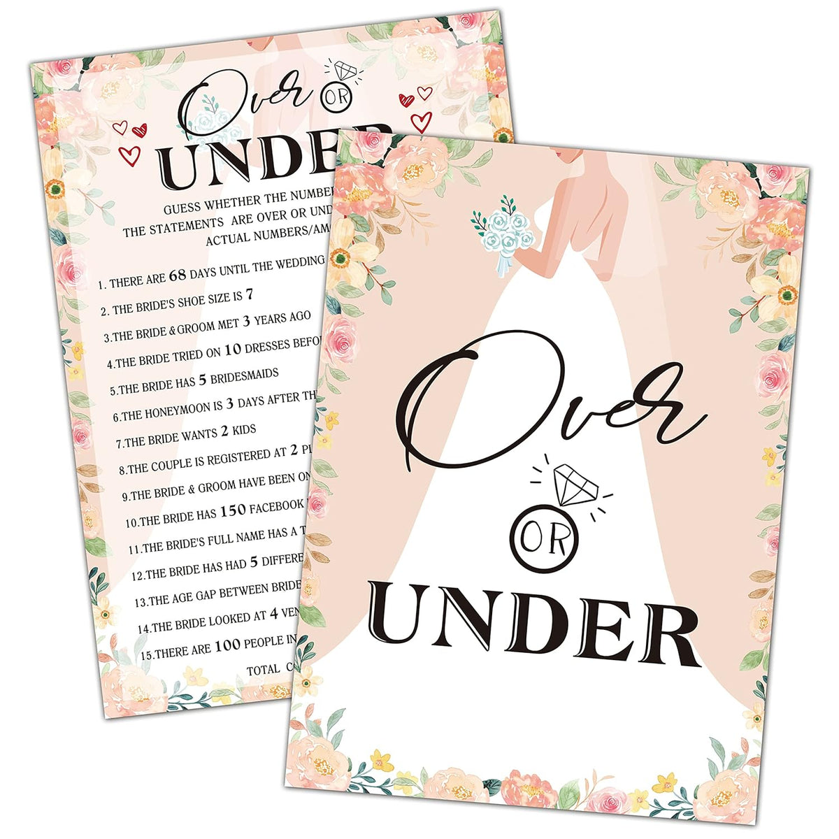 Bridal Shower Games, Over Or Under Wedding Shower Game Card, Blush Pink Boho Floral Romantic Engagement/Bachelorette Party Ideas Activities Supplies Decorations(30 Cards) - A03