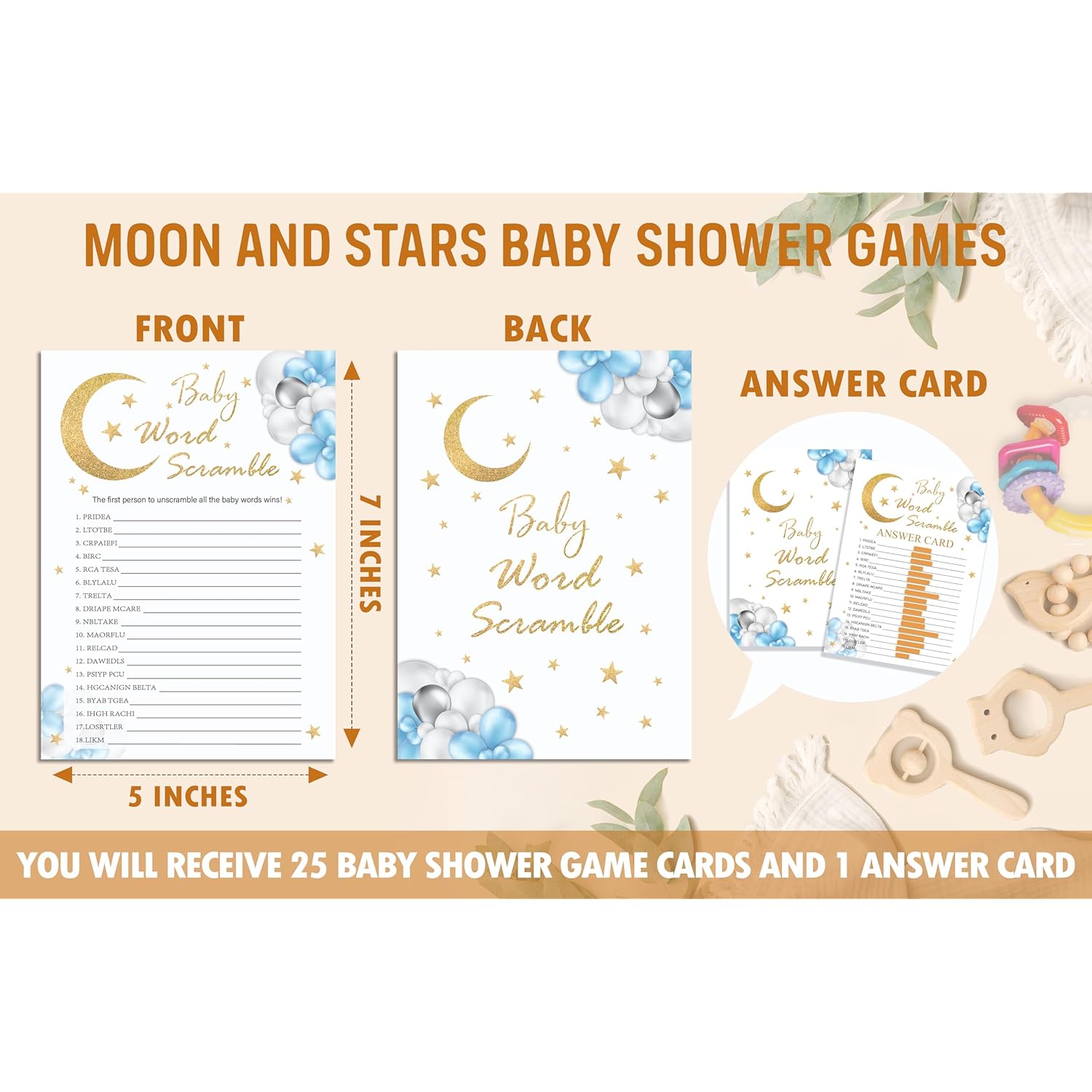 Baby Word Scramble Game Cards, Moon And Stars Baby Shower Games, 25 Cards & 1 Answer Key