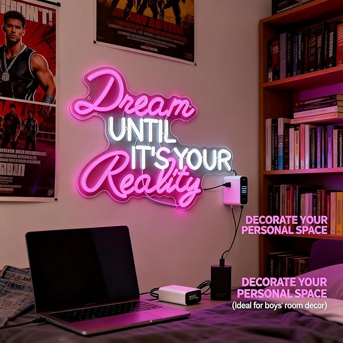 Dream Until It’s Your Reality Pink LED Neon Sign USB Wall Light for Bedroom Office Classroom Decor