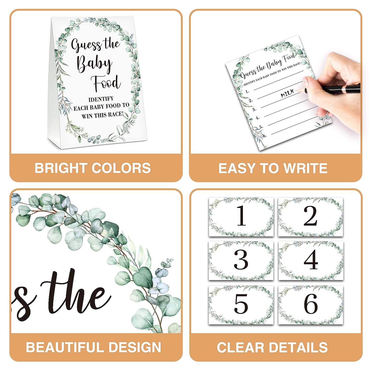 Greenery Baby Shower Party Game Set, Guess The Baby Food, 1 Standing Sign With 25 Answer Cards & 6 Number Cards, Gender Reveal Party Game Decoration Supplies(5"X7") - Food-D01