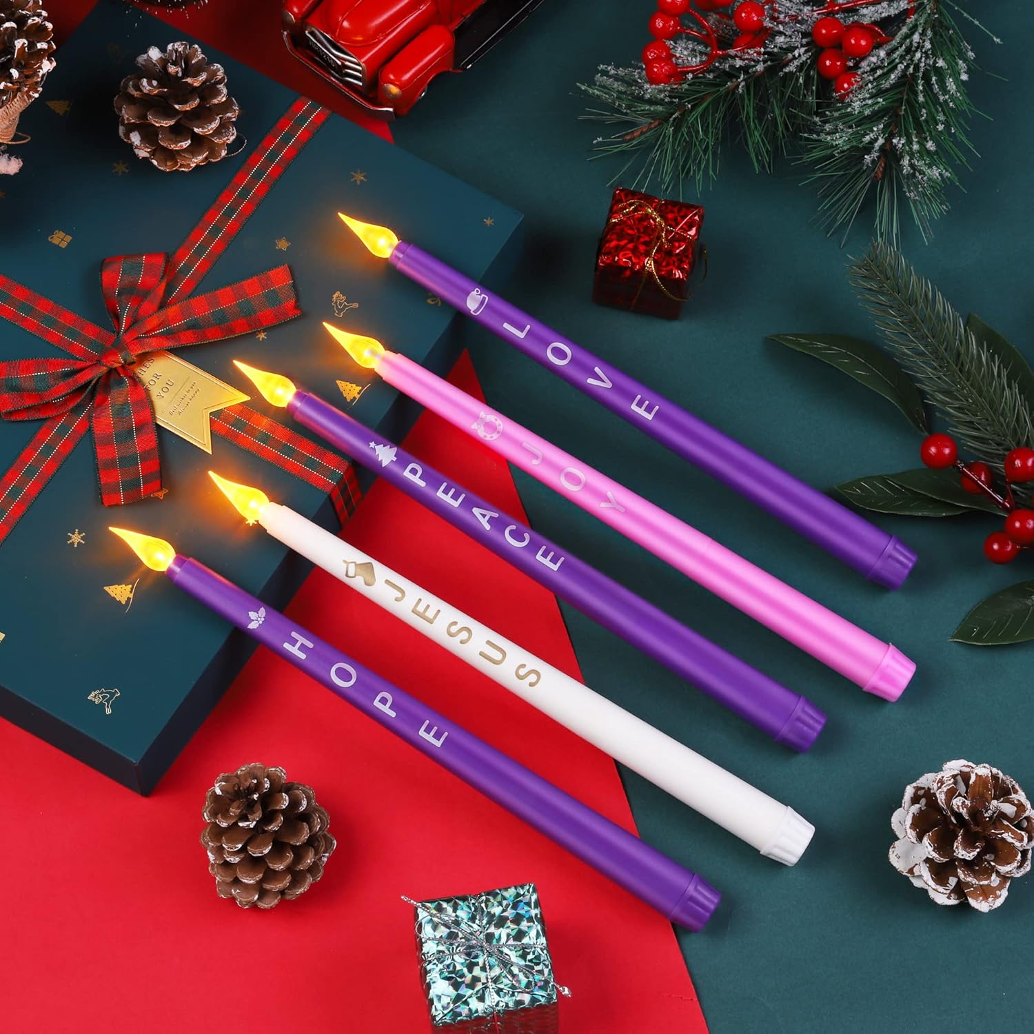 5 Pack Led Advent Candles With Words Hope Peace Love Joy Jesus - Flameless Taper Candles For Christmas Wreath Celebration Decor, Pink, Purple, White