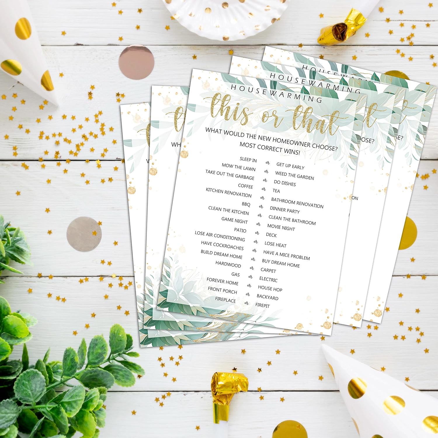 Housewarming Party Games, This Or That, Greenery Floral Golded New Home, New House, New Homeowner Party Games Cards, 30 Sheets Each Pack