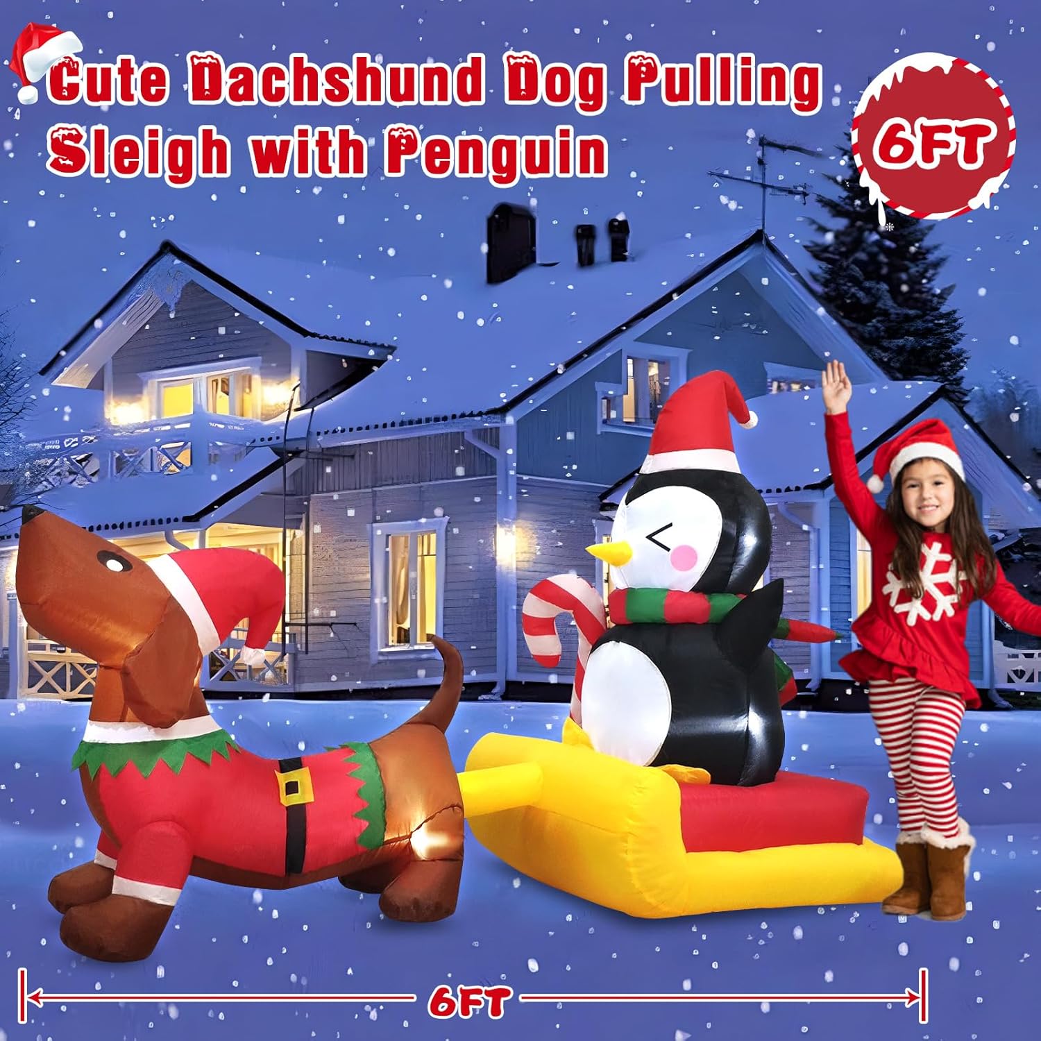 6 Ft Long Christmas Inflatable Dog Sled With Penguin Outdoor Decorations- Blow Up Penguin On Dog Sleigh Yard Decorations