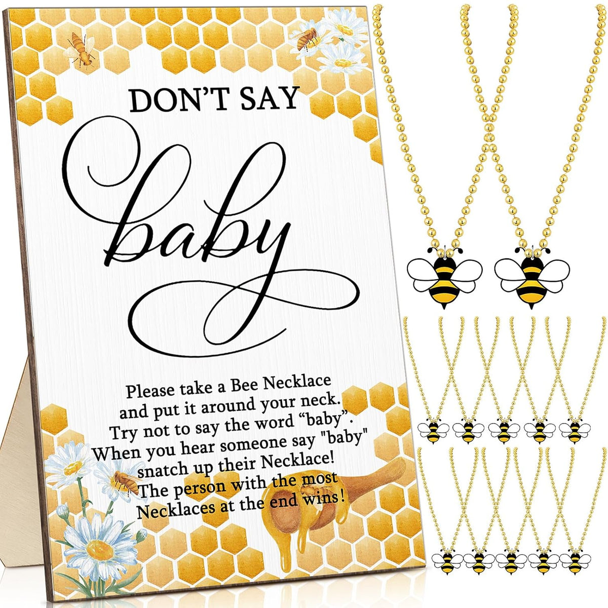 51 Pcs Don'T Say Baby Shower Game Bee Baby Game Sign Wooden Baby Shower Table Decor 50 Bee Felt Necklaces Bee Shape Necklaces For Baby Shower Winner Prizes Gender Reveal Party Favors