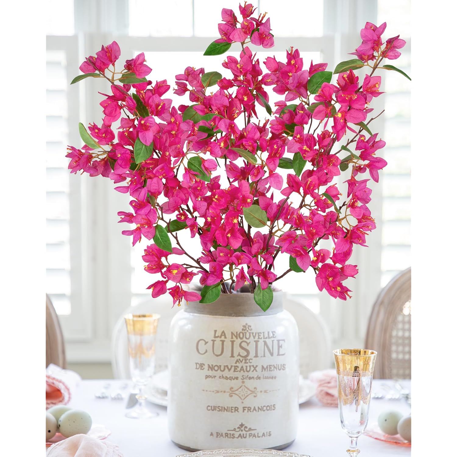 3Pcs Bougainvillea Artificial Flowers 37.4In Long Stem Silk Bougainvillea Floral Branches Fake Plants And Flowers Bouquet For Home Garden Party Wedding Centerpiece Vase Decor(Fuchsia)