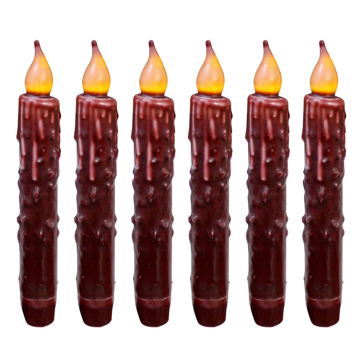 Real Wax Hand Dipped Battery Operated Led Timer Taper Candles Rustic Primitive Flameless Lights Décor, 6-3/4 Inch, Burgundy, 6 Pcs In A Package