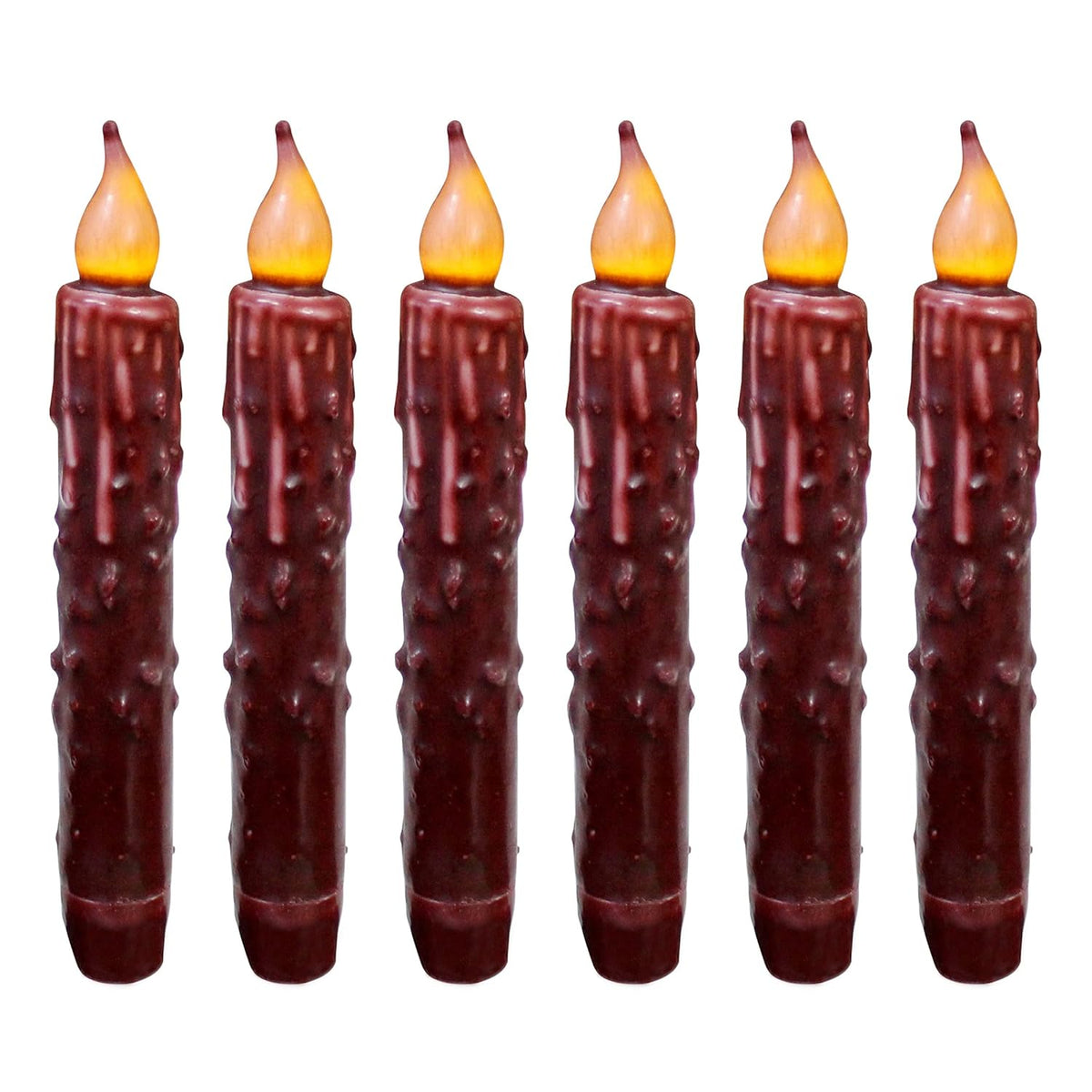 Real Wax Hand Dipped Battery Operated Led Timer Taper Candles Rustic Primitive Flameless Lights Décor, 6-3/4 Inch, Burgundy, 6 Pcs In A Package