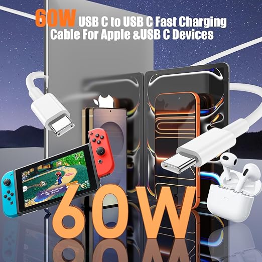 3 Pack 60W USB C to USB C Fast Charging Cable Set 3.3FT 6.6FT 10FT for iPhone 17 16 15 MacBook iPad Samsung