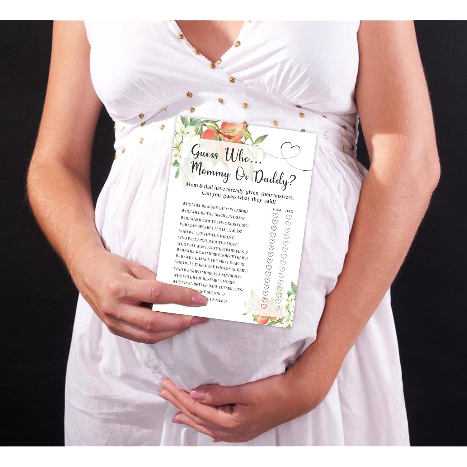 White Floral Peach Guess Who Mommy Or Daddy Game, Baby Shower Games, Pack Of 30 Game Cards, Gender Neutral Boy Or Girl - Fa35