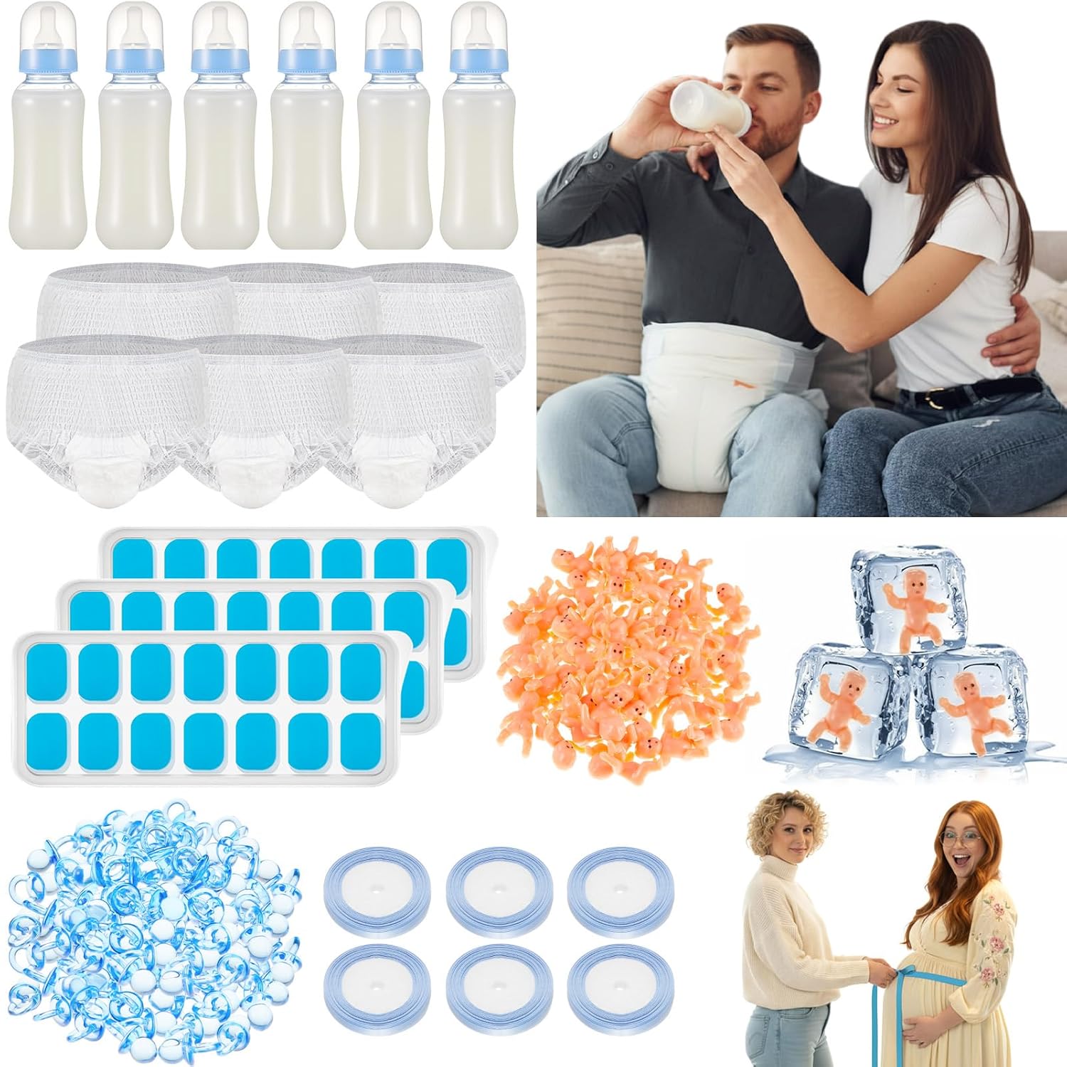 121 Pcs Bottle Chug Baby Shower Game 4 Game My Water Broke How Big Is Mommys Belly Funny Chug Diaper Gift For Gender Reveal Bridal Party Supplies