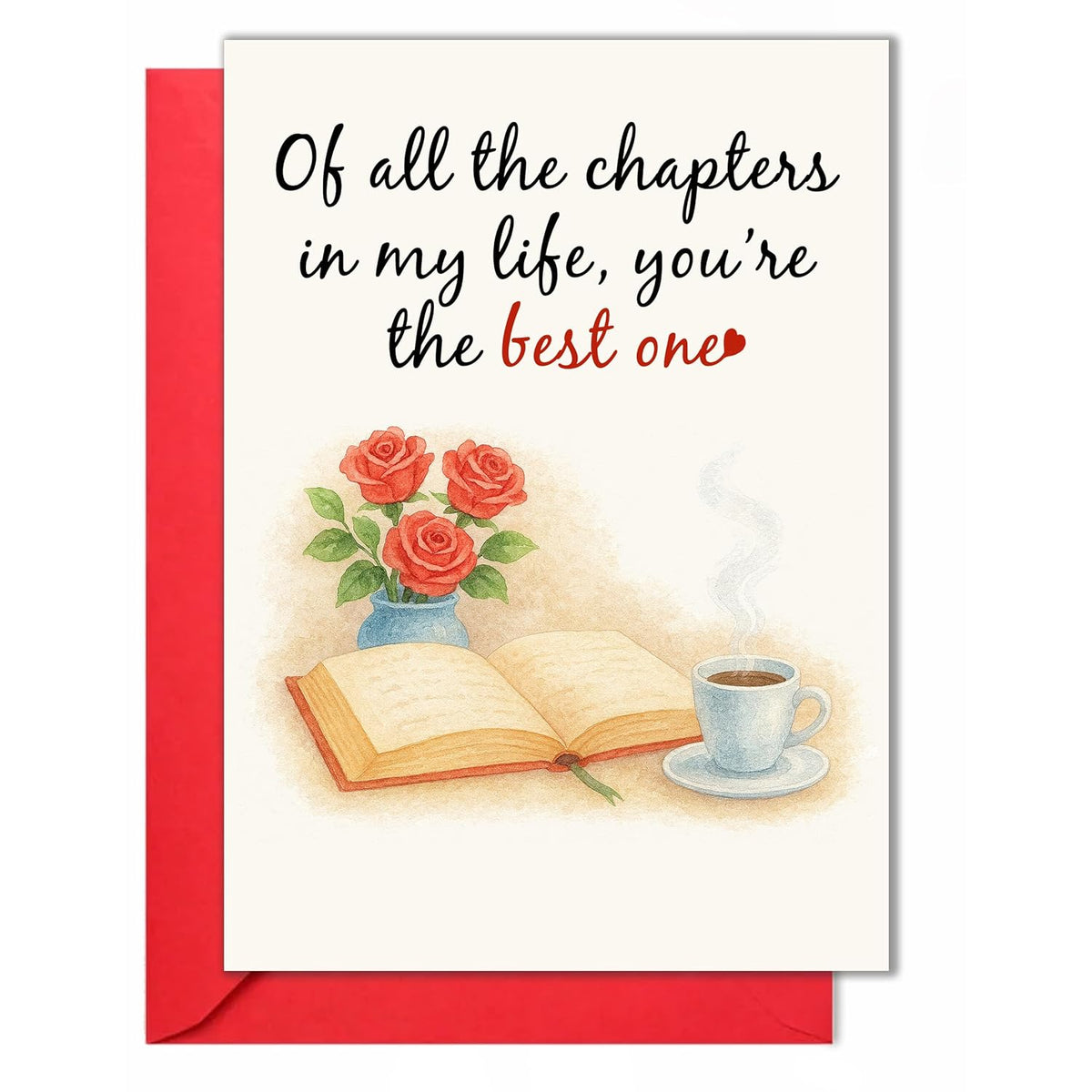 Anniversary Card – Romantic Greeting Card With Roses, Book & Coffee Design – 5X7 Inch Folded Card With Envelope & Sticker – Love Card For Husband, Wife, Or Couple – Valentines Day Or Wedding Anniversary