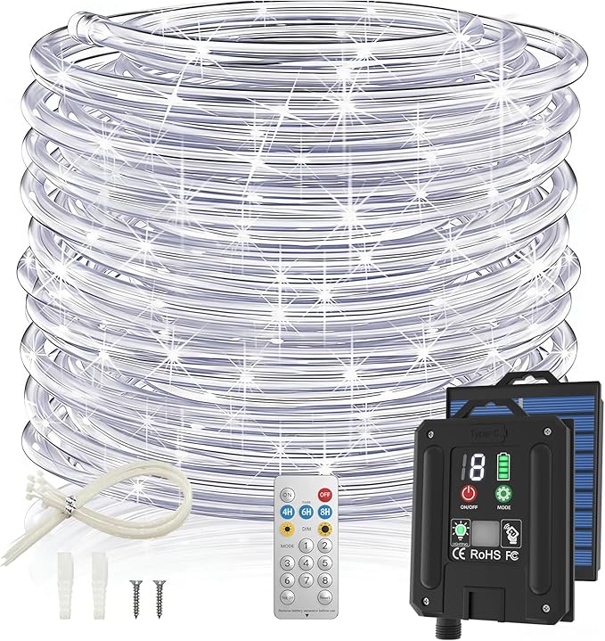 66FT Solar Rope Lights 200 LED Waterproof White String Lights with Remote 8 Modes