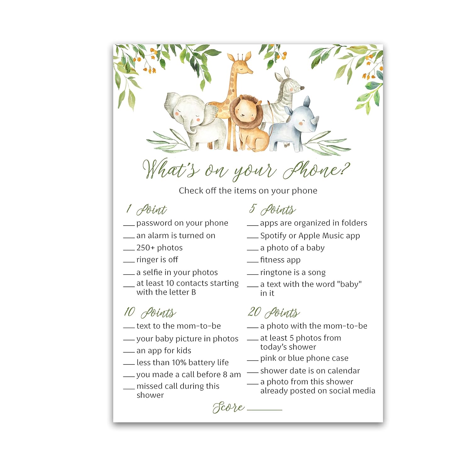 Safari Animals Baby Shower Games — What'S On Your Phone Game — Pack Of 25 — Country Rustic Jungle Theme Welcome To The Wild Shower Adventure Baby Boy Or Girl Shower Activity G550-Phn