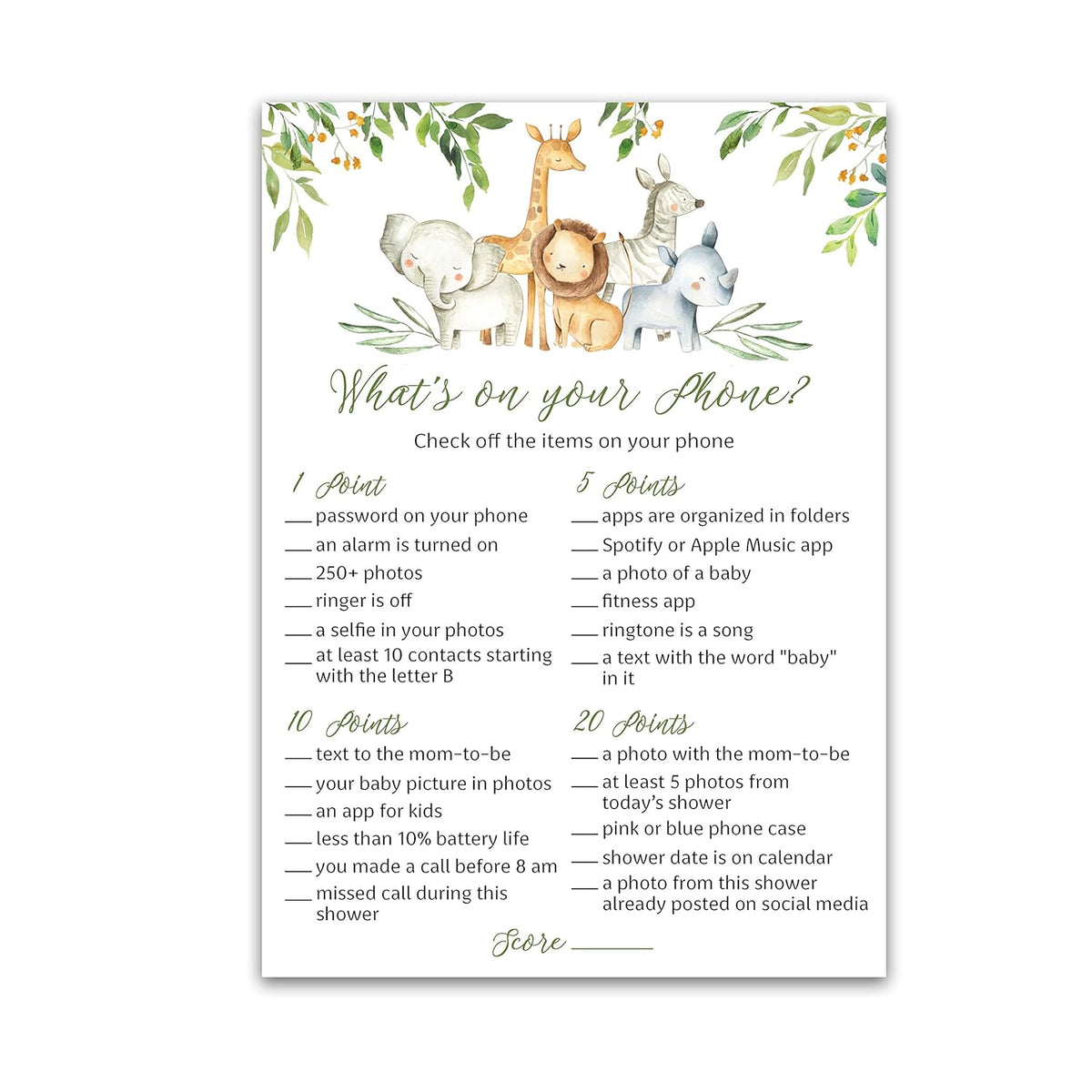 Safari Animals Baby Shower Games — What'S On Your Phone Game — Pack Of 25 — Country Rustic Jungle Theme Welcome To The Wild Shower Adventure Baby Boy Or Girl Shower Activity G550-Phn