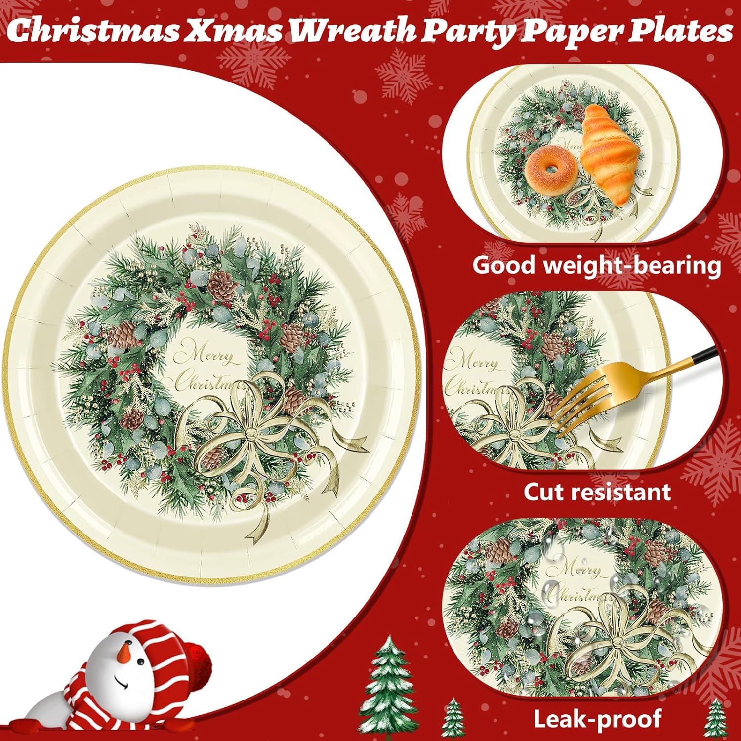 50Pcs Merry Christmas Paper Plates Xmas Wreath Disposable Plates 9 Inch Decorative Dinner Dessert Plates For Home Party Tableware Supplies