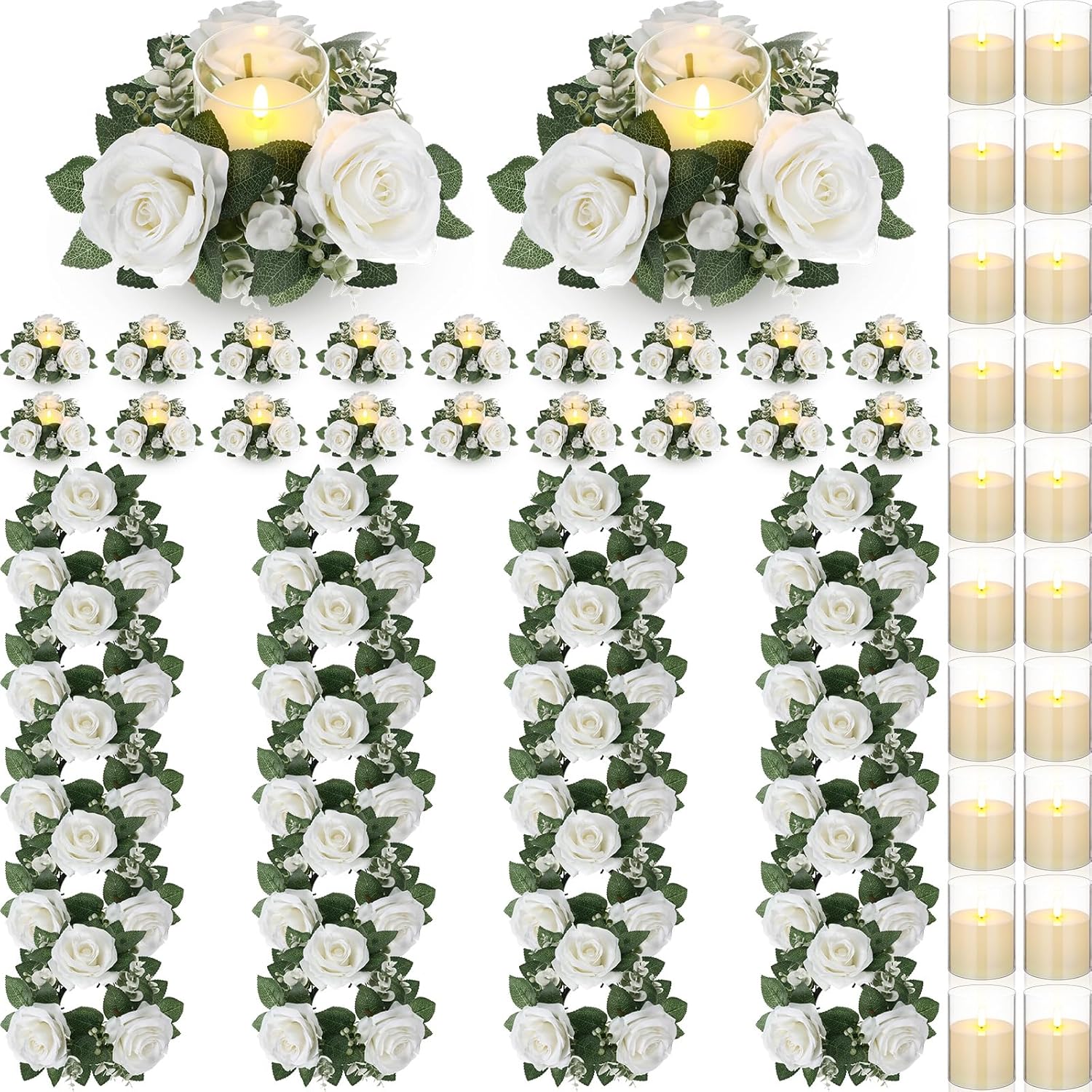 20 Pcs Valentine Candle Rings Wreaths 3 Inch Wedding Centerpiece Led Flameless Candles Rose Eucalyptus Rings For Tables Party Centerpiece Valentines Mother'S Day Decoration (White)