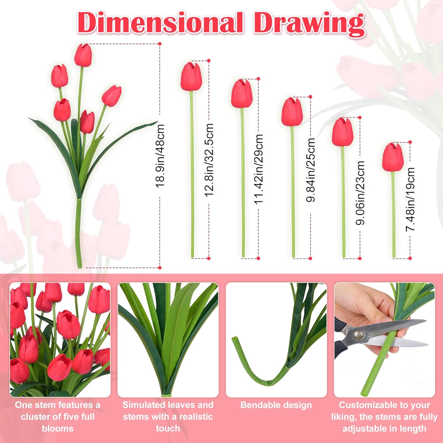 18.9 "Large Red Imitation Tulip Artificial Flowers, 30-Piece Pack. Perfect For Spring Weddings, Valentine'S Day, Easter, Mother'S Day, And Elegant Home And Table Vase Arrangements.