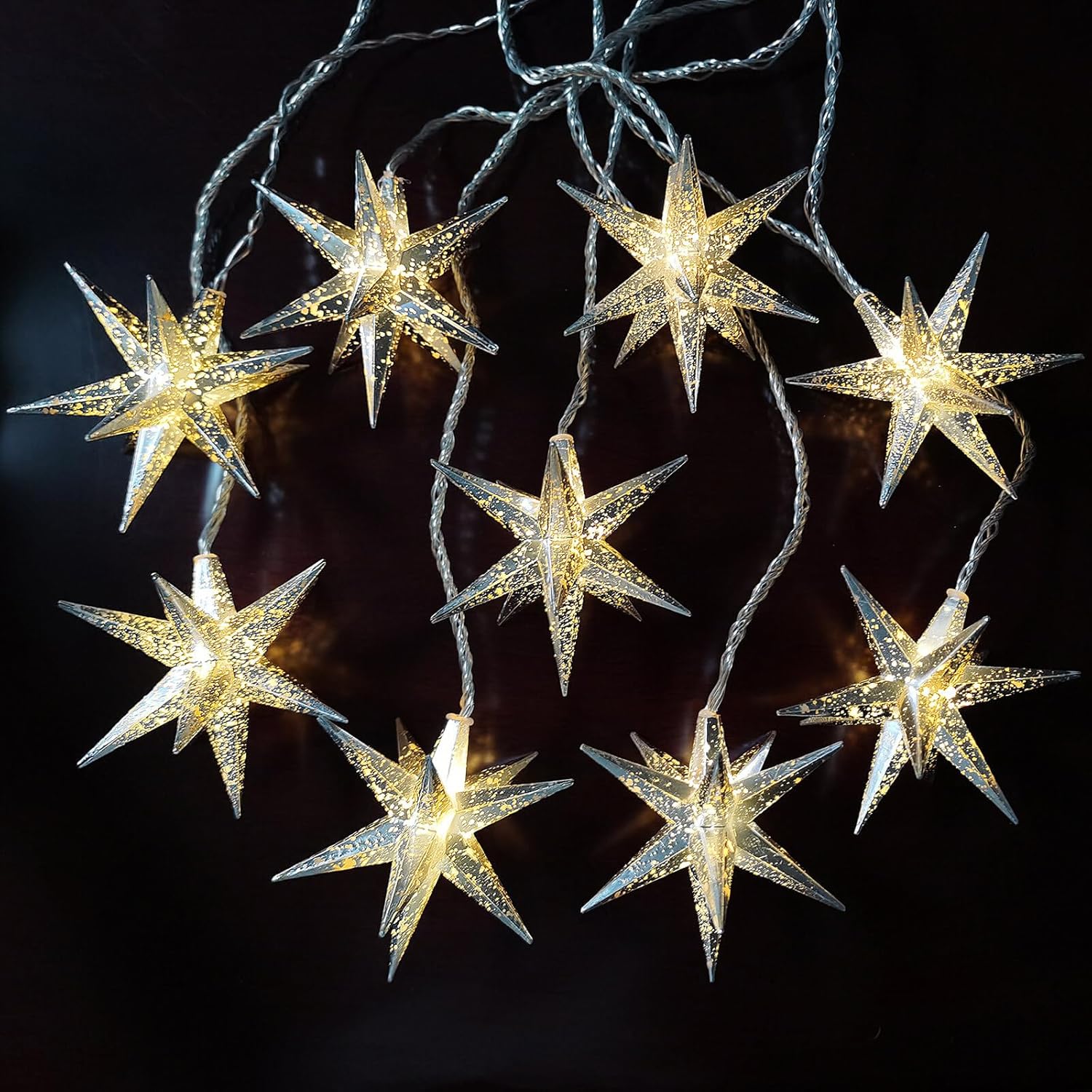 Moravian Star Curtain Light, Plug In With Remote, 8 Flashing Modes Of Warm Light, 9 Silver Stars Led String, Indoor Chri