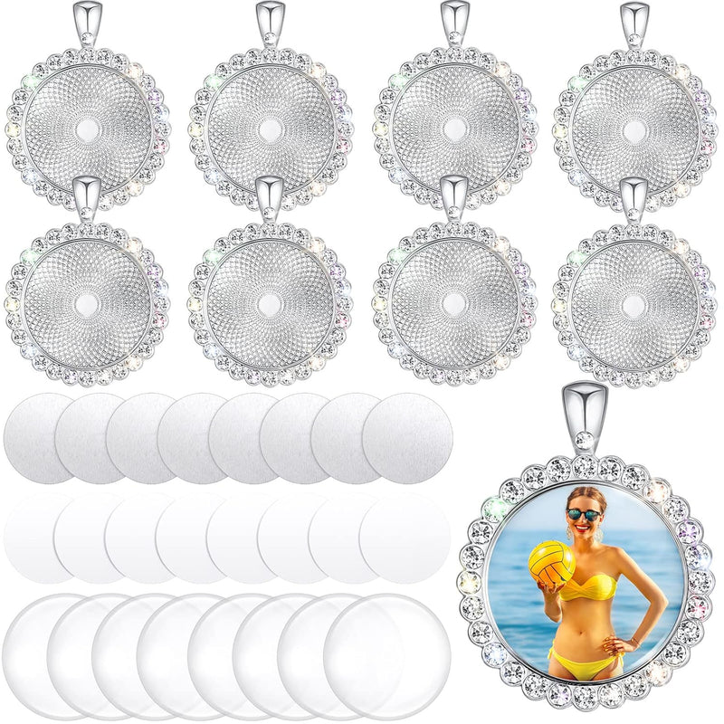 8 Sets Sublimation Rhinestone Bezel Pendant Trays Round Cabochon Pendant Trays