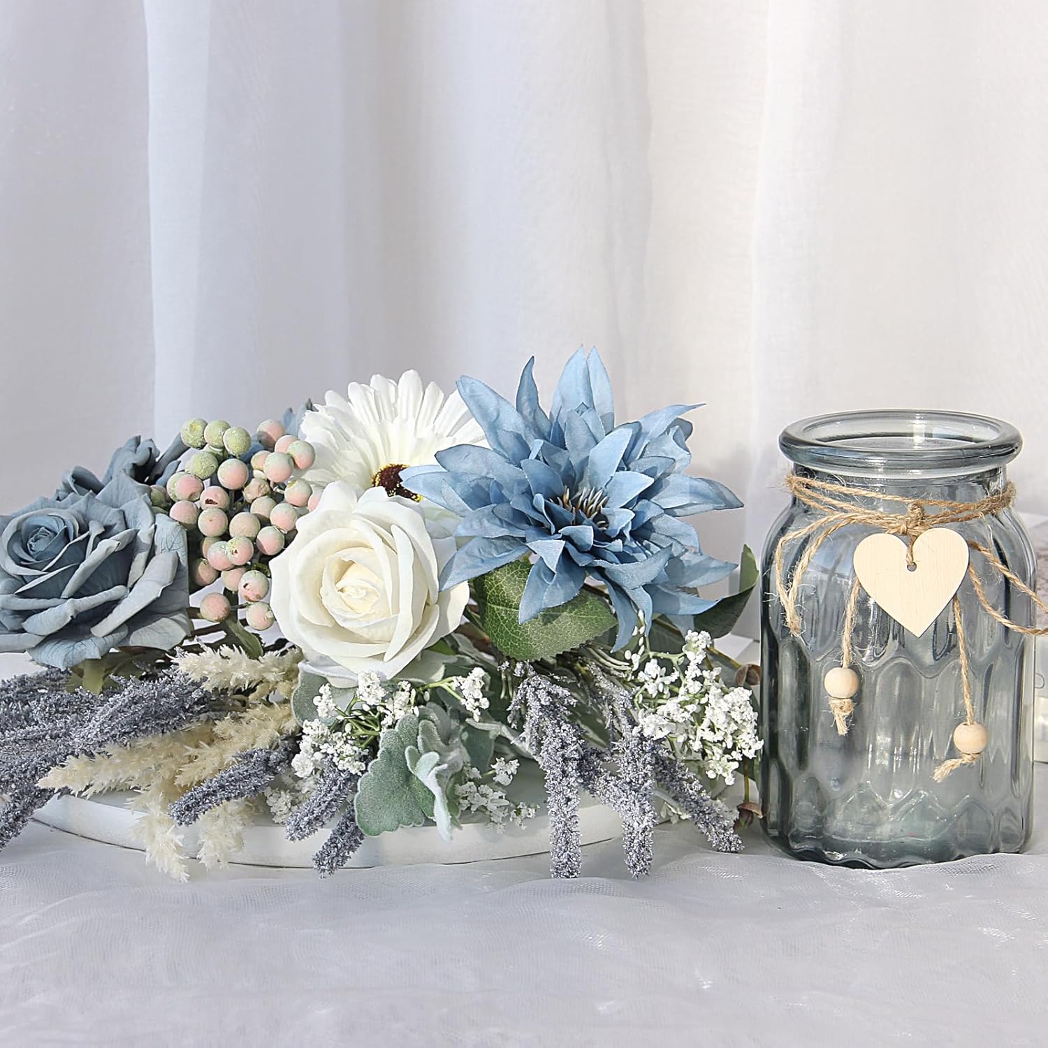 Artificial Flowers In Vase, Faux Flowers With Vase,Dusty Blue Rose Faux Dahlia Fake Peony Silk Hydrangea Eucalyptus Willow Plants Wildflowers Arrangements For Table Centerpiece Farmhouse Decor
