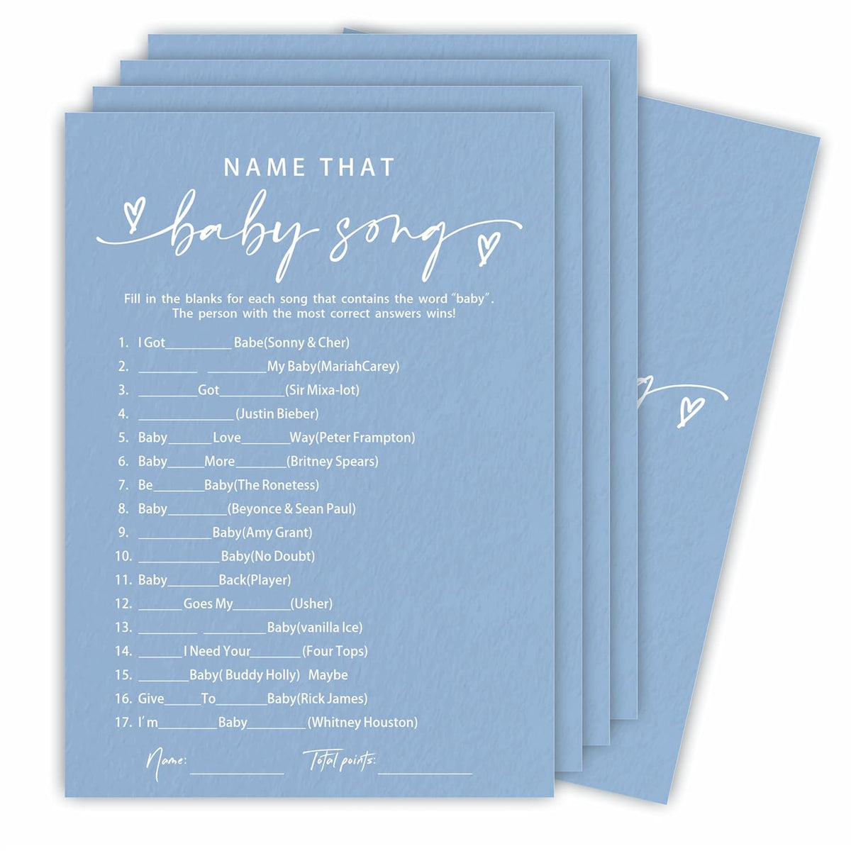Name That Babysong Game Set - Minimalism Blue - 30 Double-Sided Fill In Style Game Cards With Answer Cards, Gender Reveal, Party Favor & Supplies - A05