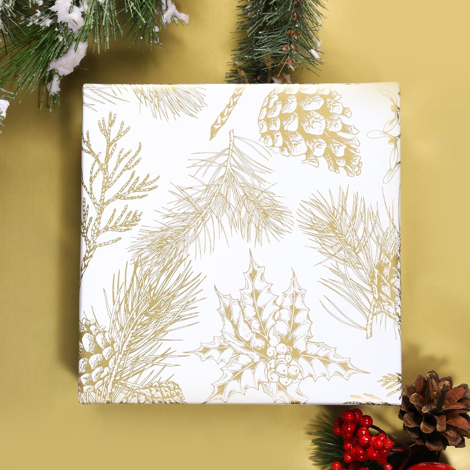 Reversible Christmas Wrapping Paper - 17 Inch X 33 Feet (46.7 Sq. Ft. Ttl.) - Vintage Gold Holly Design Perfect For Xmas, Party, Holiday Gift Wrap
