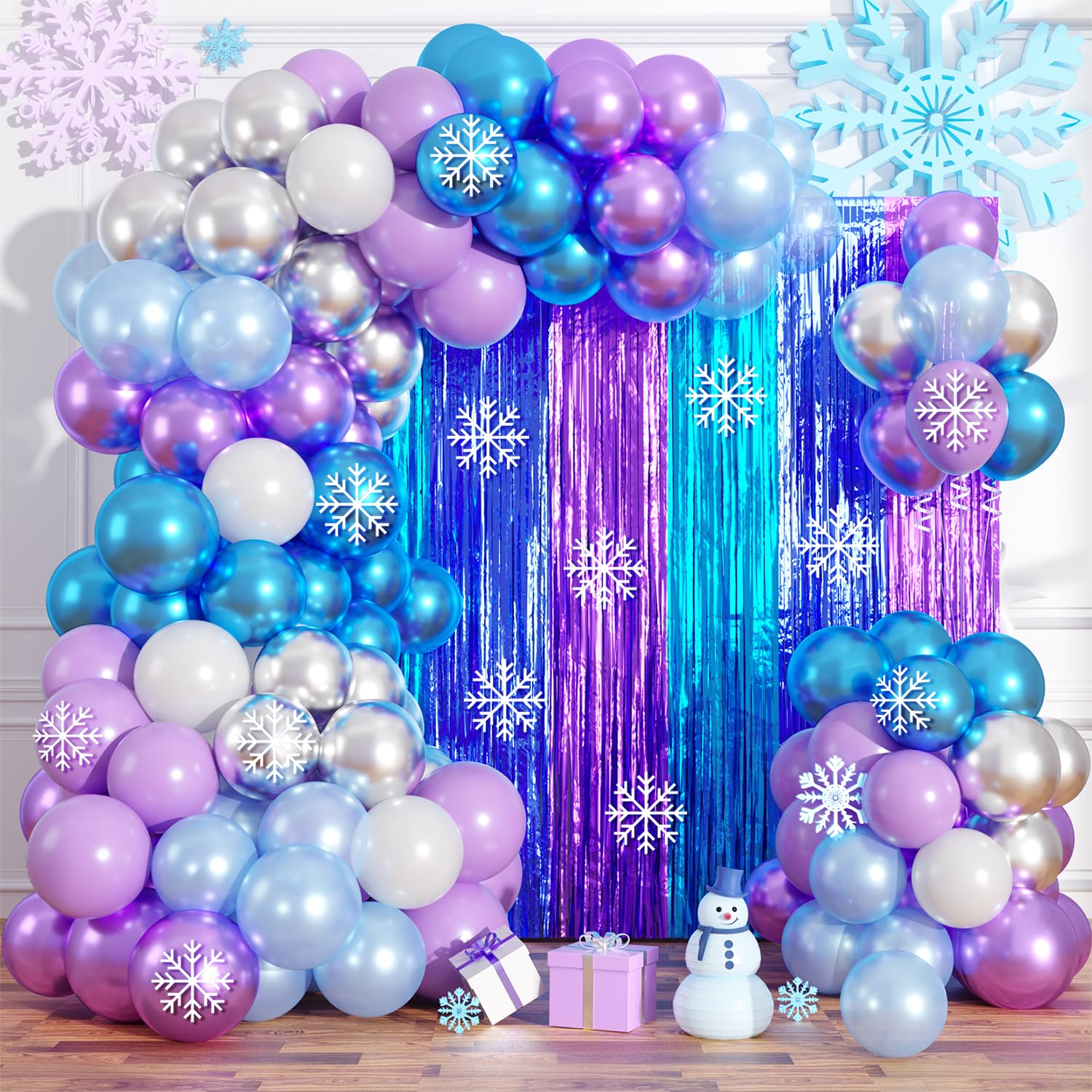Winter Wonderland Balloon Garland Arch Kit Birthday Party Decorations, Blue Purple Foil Fringe Curtains Backdrop Tinsel Streamer Photo Booth Props For Girls Winter Christmas Snow Party Decor Supplies