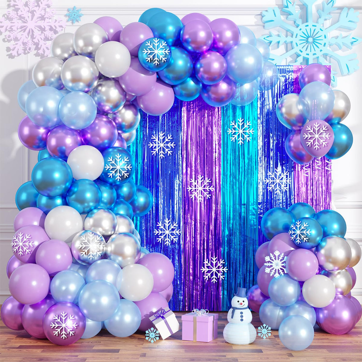 Winter Wonderland Balloon Garland Arch Kit Birthday Party Decorations, Blue Purple Foil Fringe Curtains Backdrop Tinsel Streamer Photo Booth Props For Girls Winter Christmas Snow Party Decor Supplies