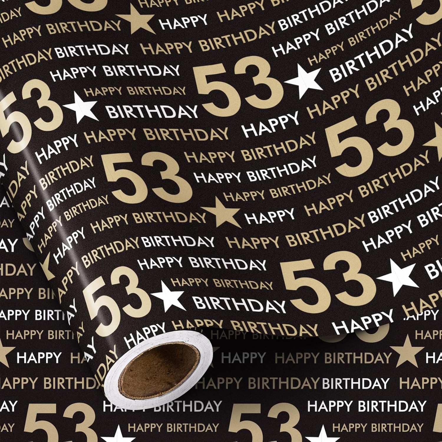 53Rd Birthday Wrapping Paper Roll, Min Roll, Black Gold Design With Stars And Happy Birthday Gift Wrap Paper For Age 53 Men, Women, 53Rd Birthday Party Celebrations, 17 Inches X 16.4 Feet