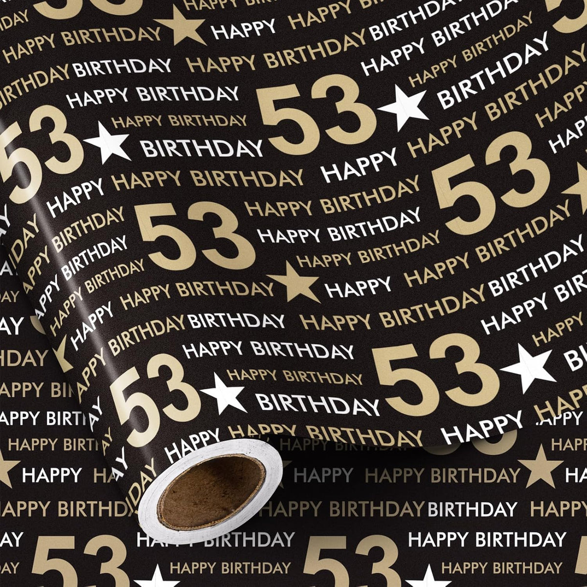 53Rd Birthday Wrapping Paper Roll, Min Roll, Black Gold Design With Stars And Happy Birthday Gift Wrap Paper For Age 53 Men, Women, 53Rd Birthday Party Celebrations, 17 Inches X 16.4 Feet