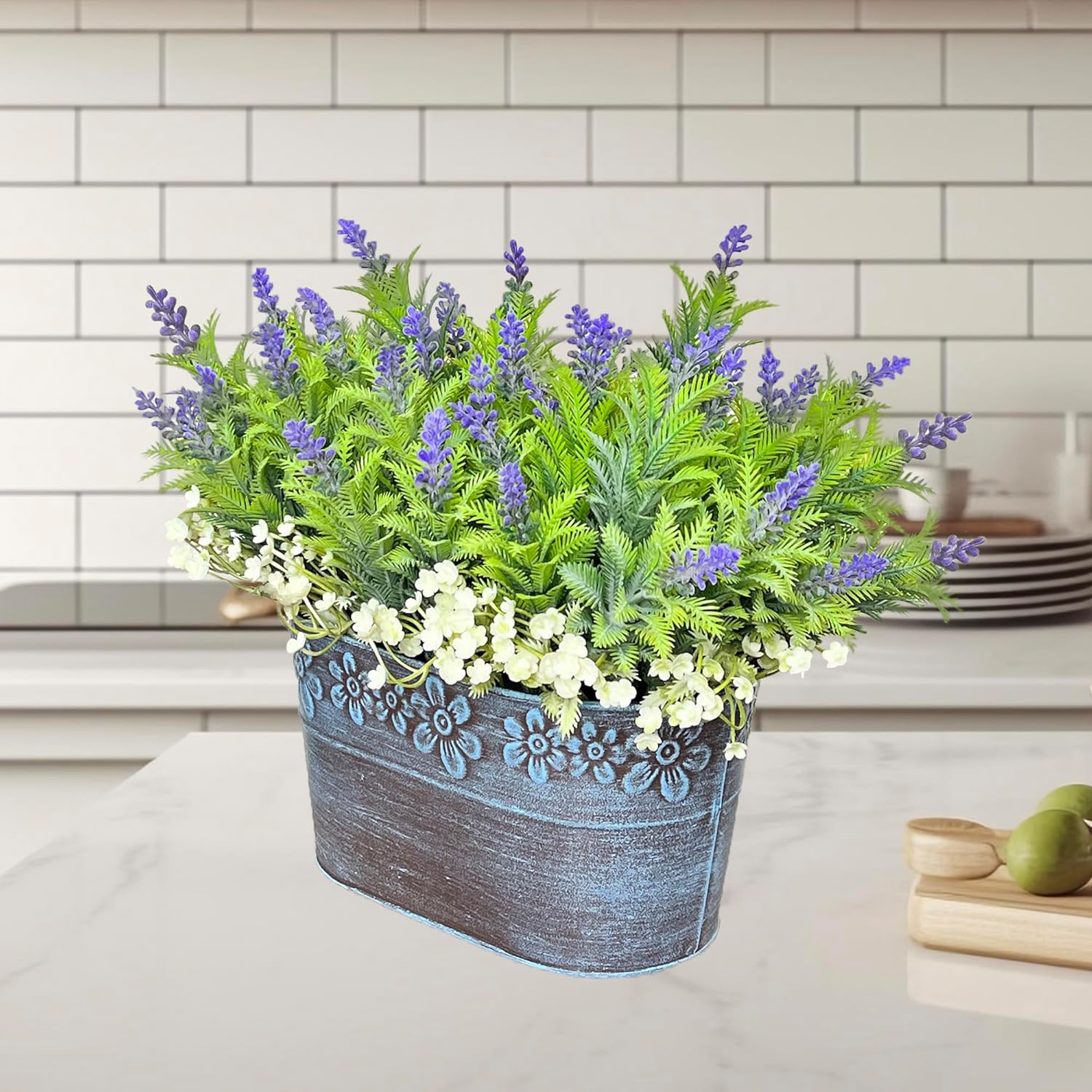 Artificial Flowers Lavender Arrangement In Rustic Rectangular Metal Planter, Pre-Potted Fake Lavender Table Centerpiece For Gifts Farmhouse Wedding Kitchen Windowsill Table Shelf Indoor Greenery Décor