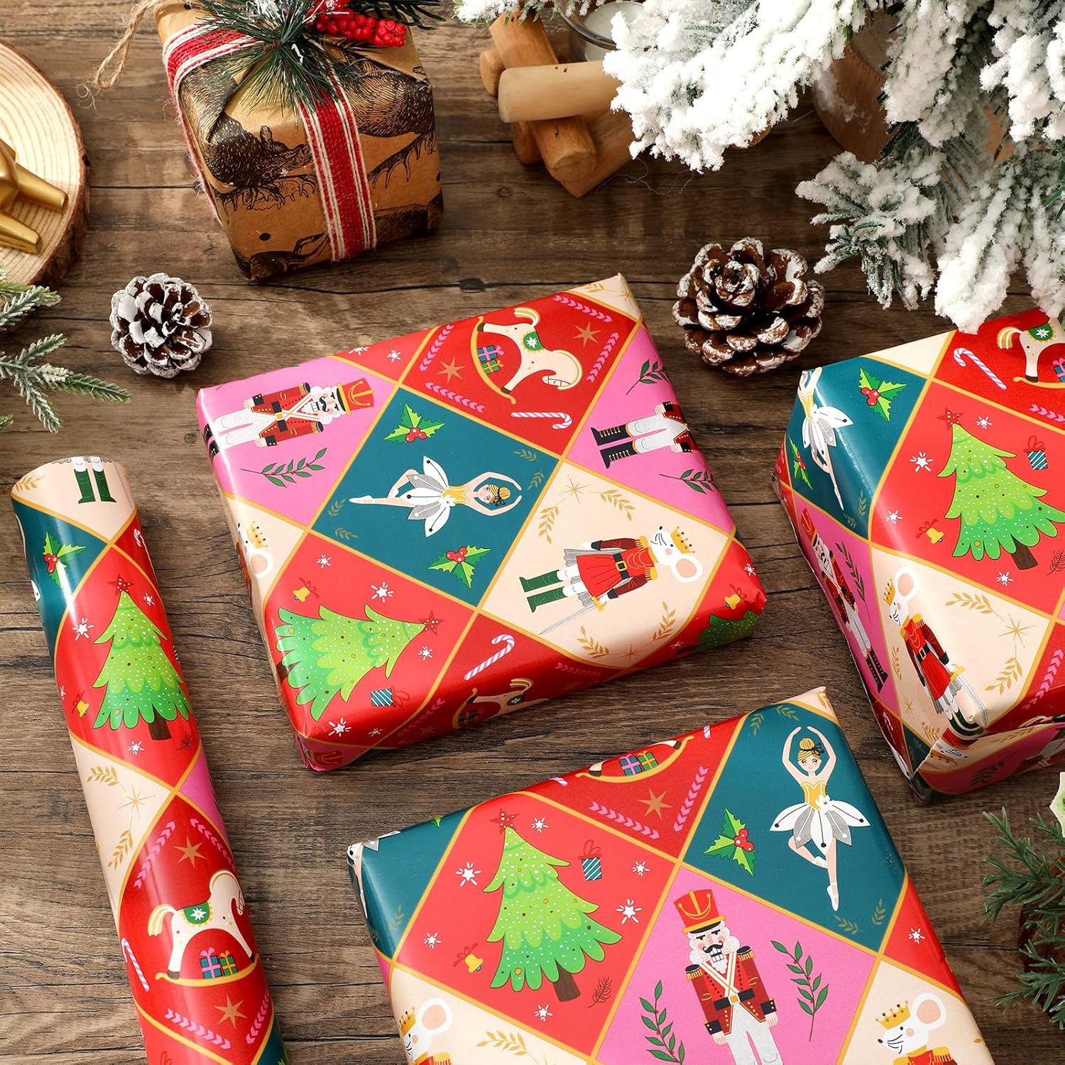 Christmas Nutcracker Wrapping Paper -Mini Roll- 17 In X 32.8 Ft Red Ballet Gift Wrap Paper For Xmas Winter Wrapping Supplies, Double-Sided