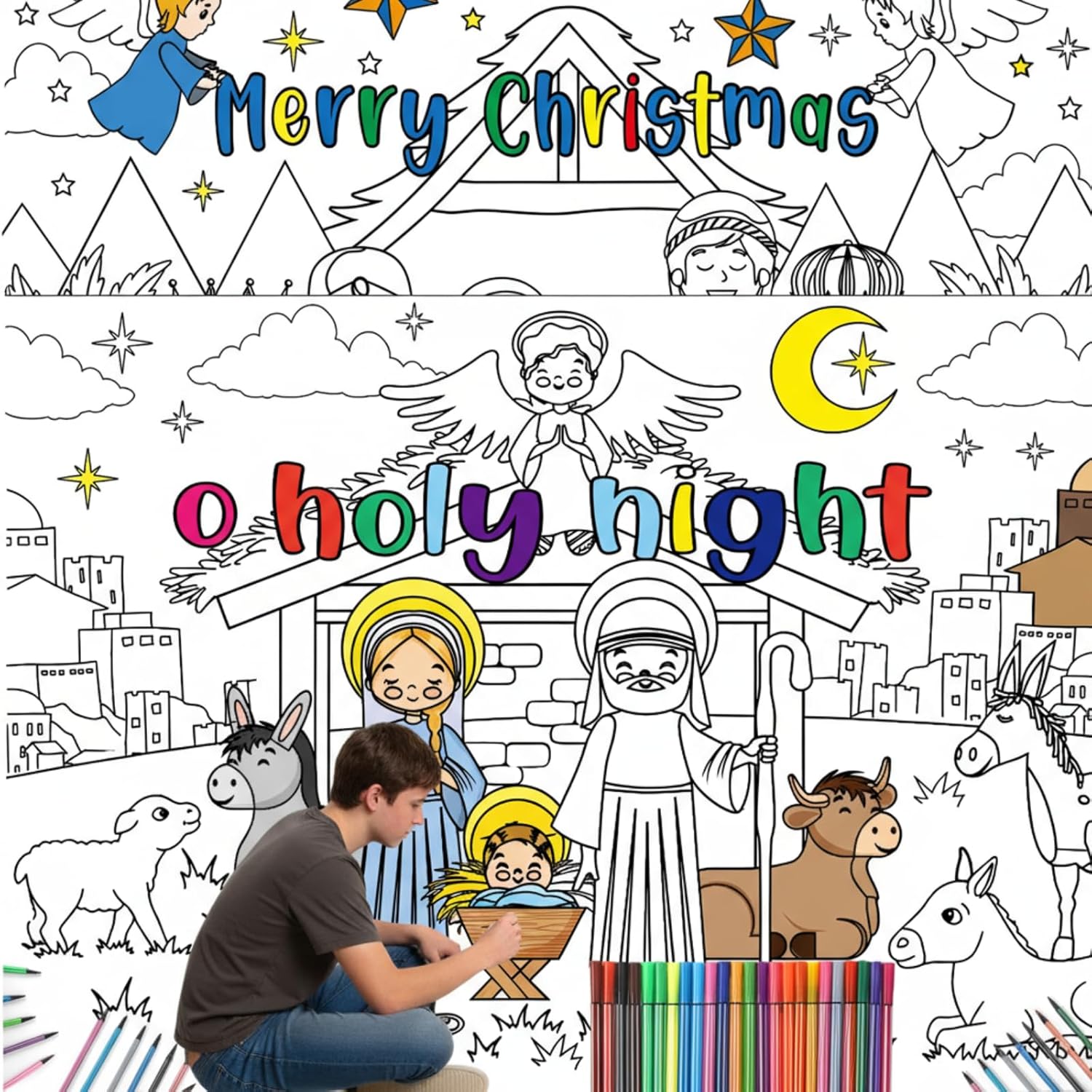 2 Pcs Christmas Coloring Posters - Jesus O Holy Night Giant Pages With 24 Color Pens - 31.4 X 43.3 Inch Xmas Huge Table Cover For Home Classroom Party Supplies Favor