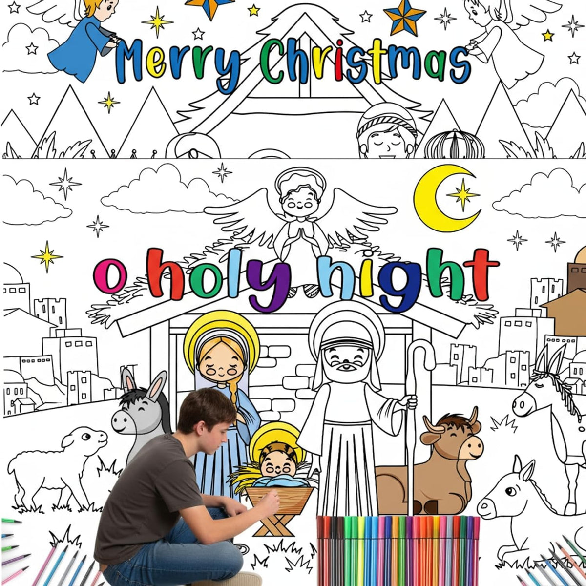 2 Pcs Christmas Coloring Posters - Jesus O Holy Night Giant Pages With 24 Color Pens - 31.4 X 43.3 Inch Xmas Huge Table Cover For Home Classroom Party Supplies Favor