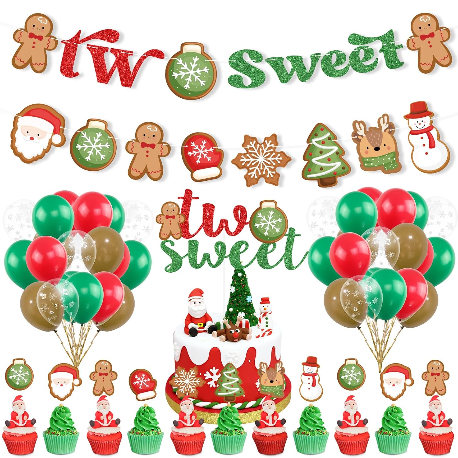 Christmas Gingerbread Man 2Nd Birthday Party Decor, Santa Claus Candy Xmas Ball Two Sweet Banner Snowman Elk Cake Topper Snowflake Latex Balloons For Second Birthday Party Supplies