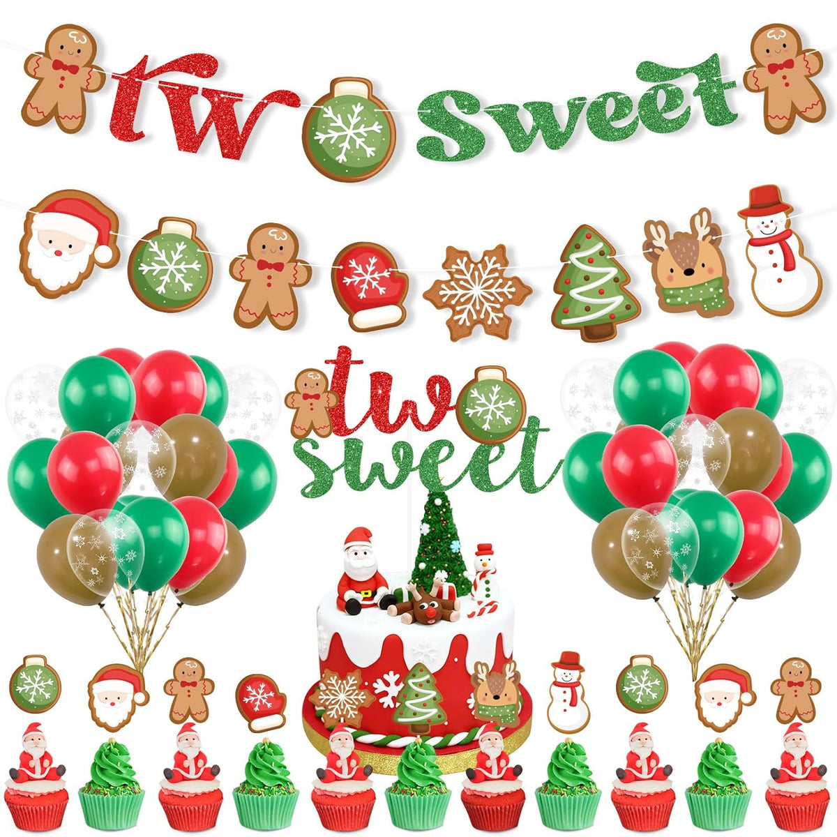 Christmas Gingerbread Man 2Nd Birthday Party Decor, Santa Claus Candy Xmas Ball Two Sweet Banner Snowman Elk Cake Topper Snowflake Latex Balloons For Second Birthday Party Supplies