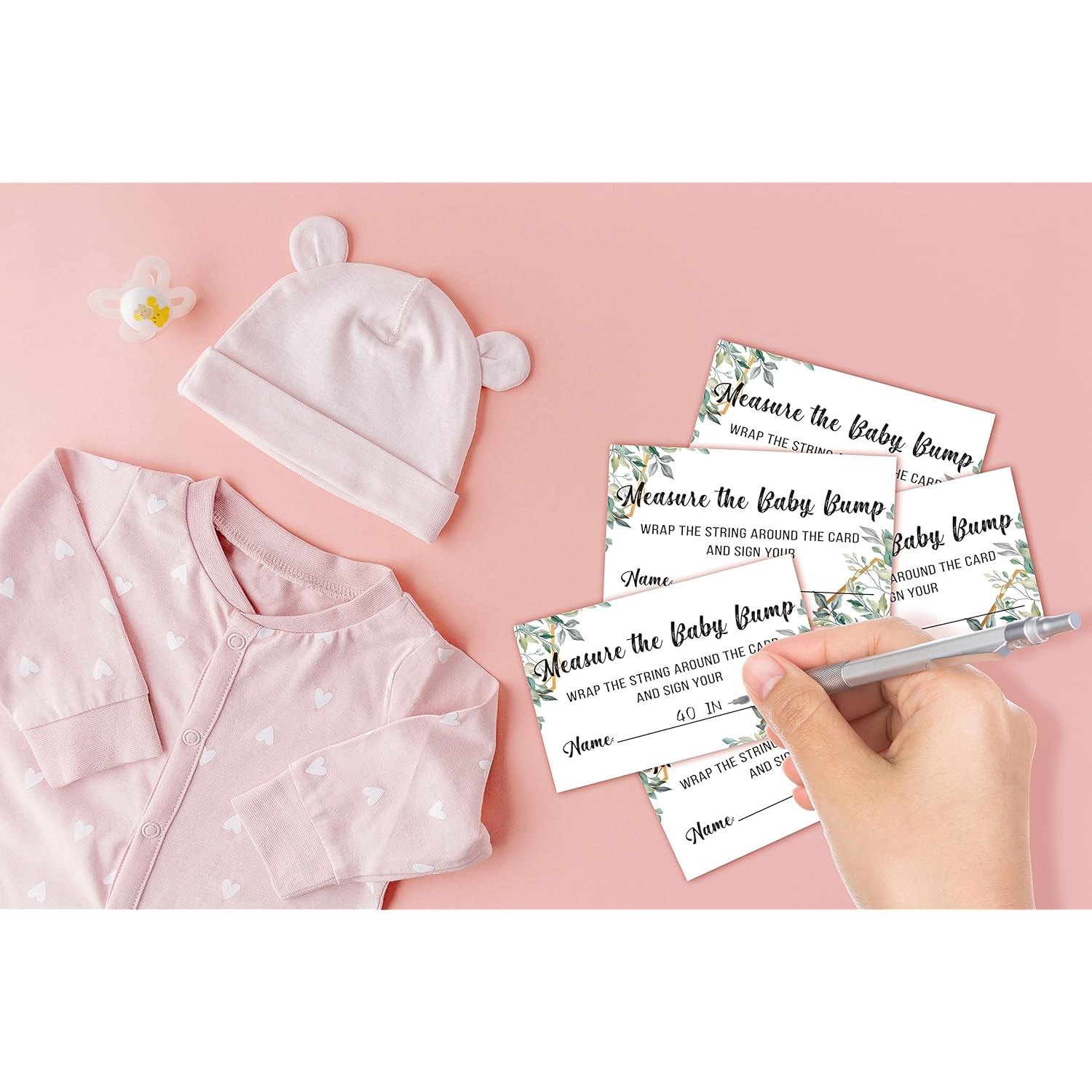 Baby Shower Game Set, Measure The Baby Bump(1 Standing Sign + 50 Find Cards), Neutral Greenery How Big Is Mommy'S Belly Party Game, Eucalyptus Gender Reveal Party Favor Decor(A01)