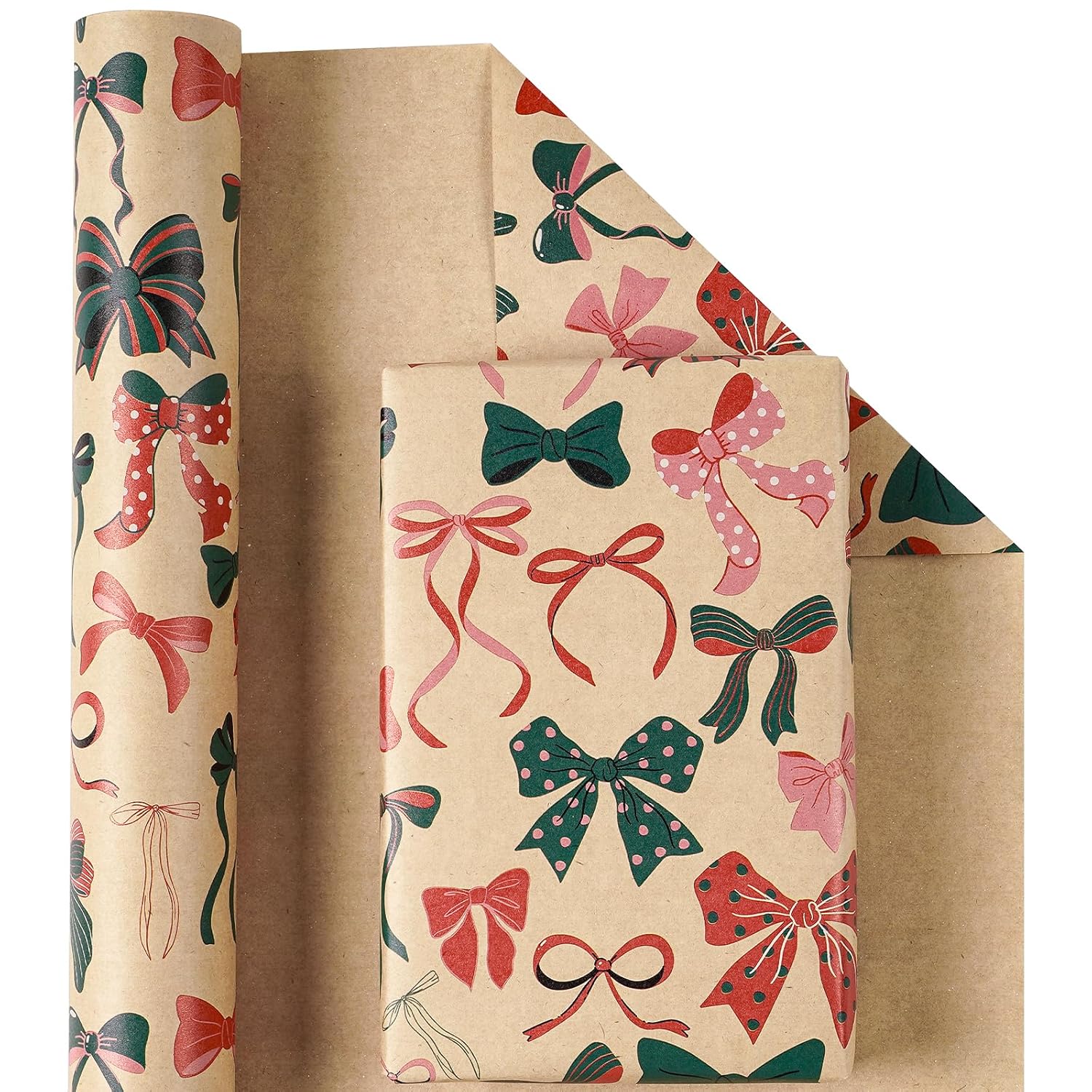 Kraft Christmas Wrapping Paper Roll For Girls, Mini Roll, Colorful Bow Design With Red, Green And Pink Ribbons, Kraft Gift Wrap For Christmas, Birthday, Holiday Party, 17 Inches X 16.4 Feet