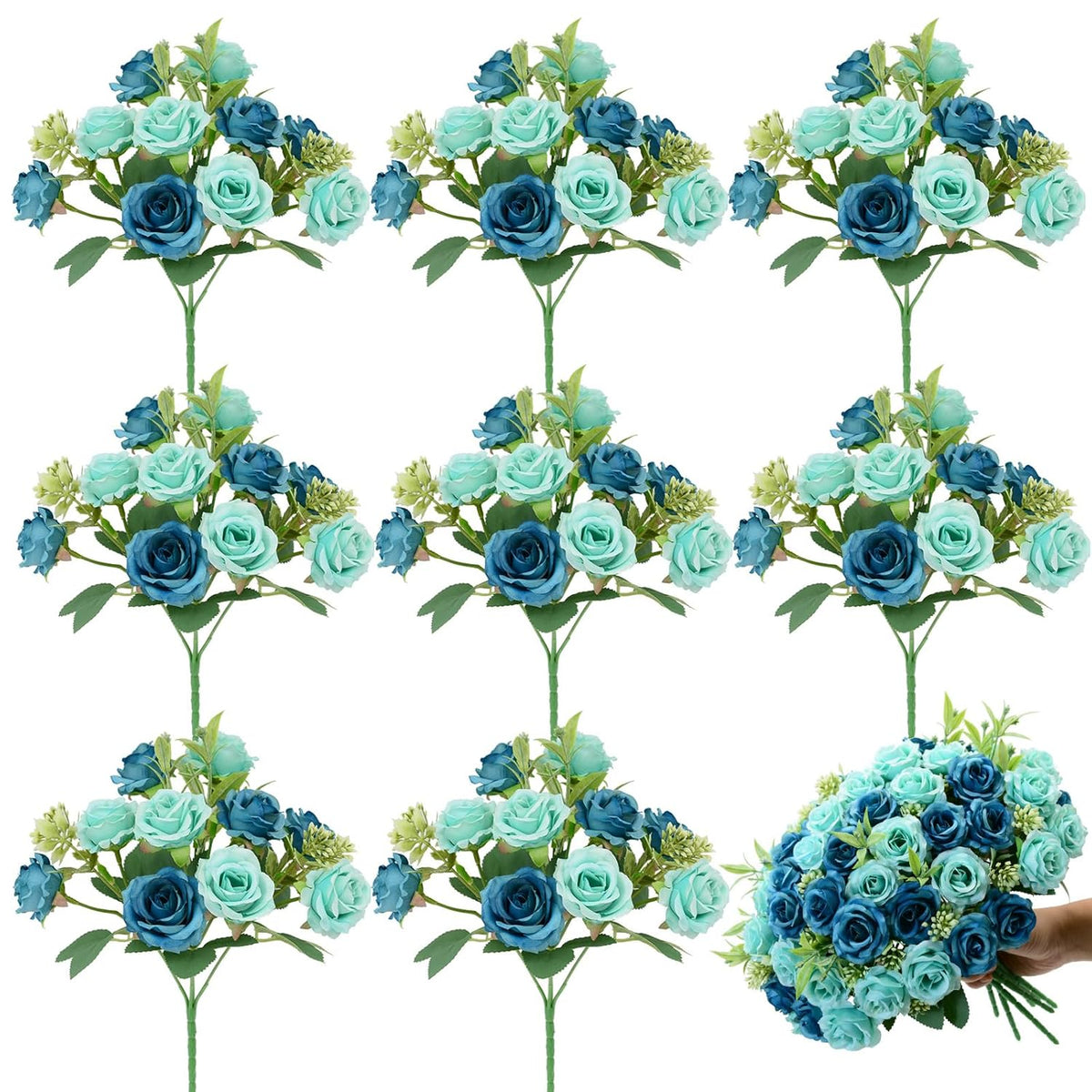 8 Pack Rose Artificial Flowers Bouquet, 10 Small Silk Rose Heads Per Pack, Fake Roses Bunches For Wedding Table Centerpieces Bridal Bouquet Mother'S Day Valentine'S Day Home Decor, Blue